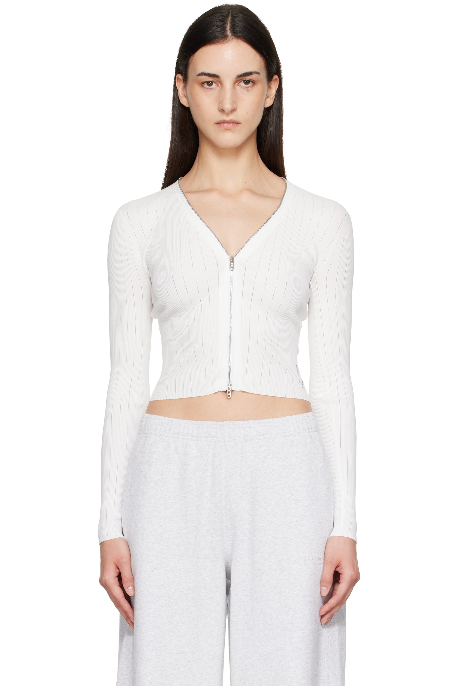 Alexander Wang - White V-Neck Long Sleeve Pointelle Zip Cardigan