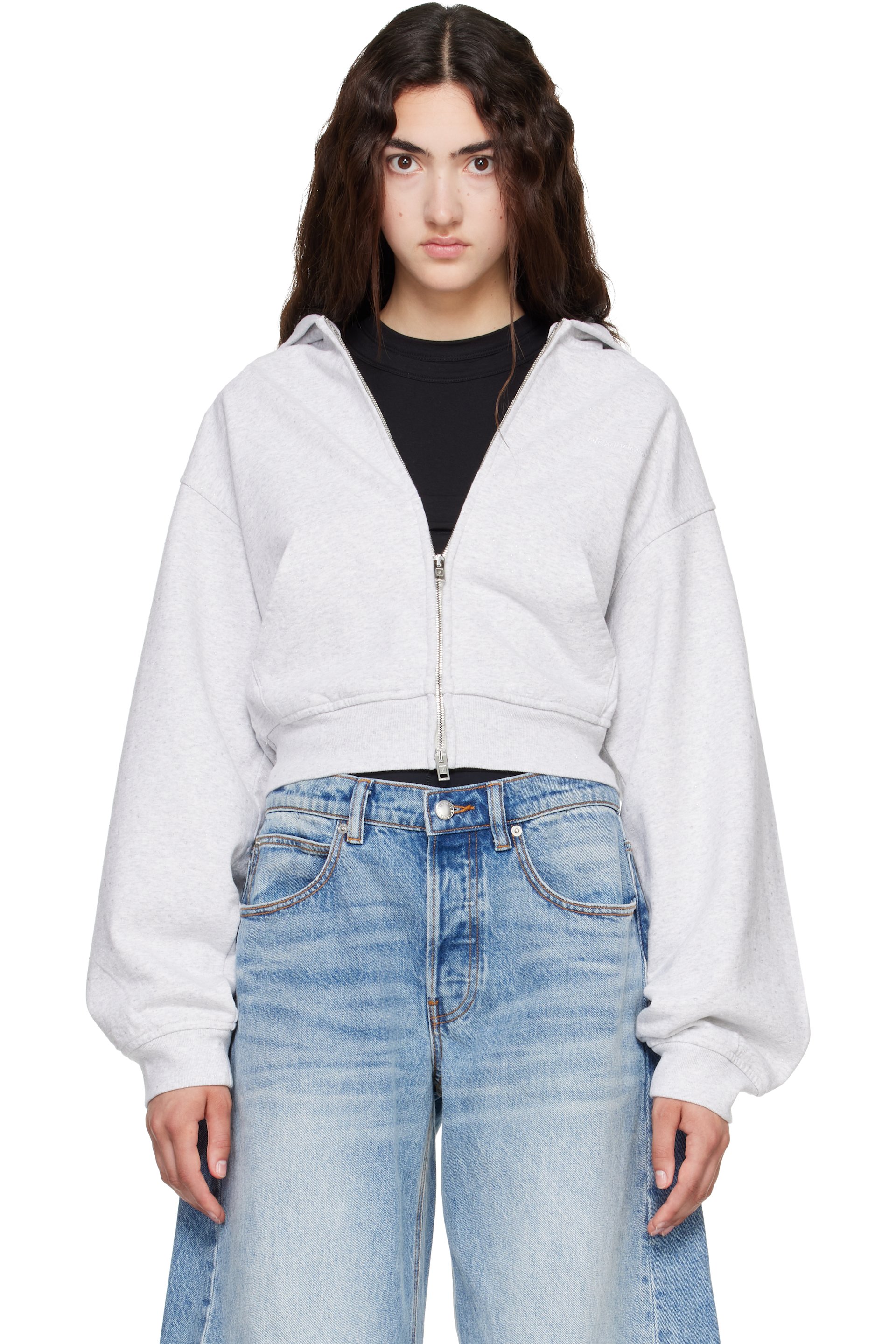 Alexander Wang - Gray Crystal Fitted Long Sleeve Zip Up Hoodie