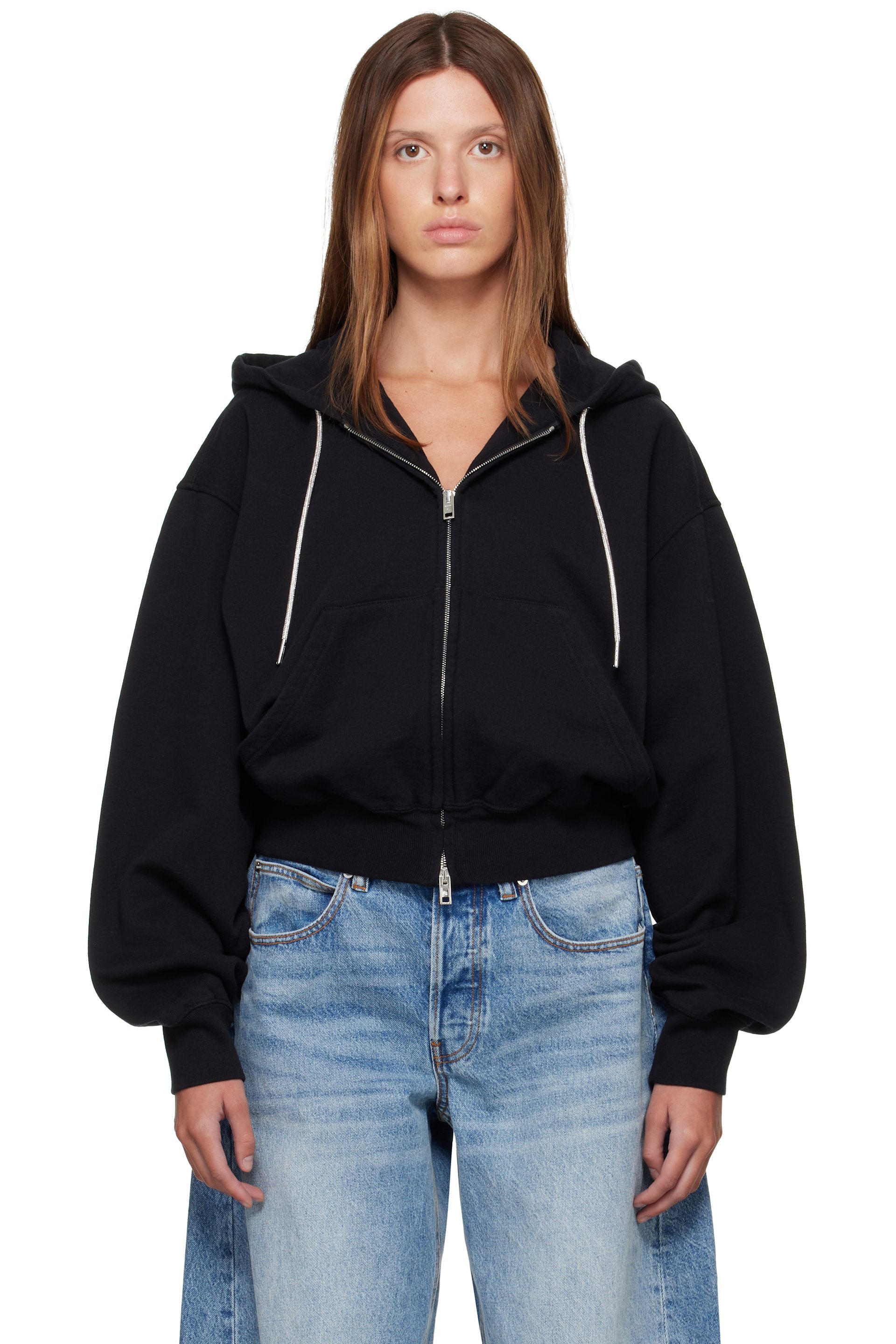 Alexander Wang - Black Rhinestone Drawcord Zip-Up Hoodie