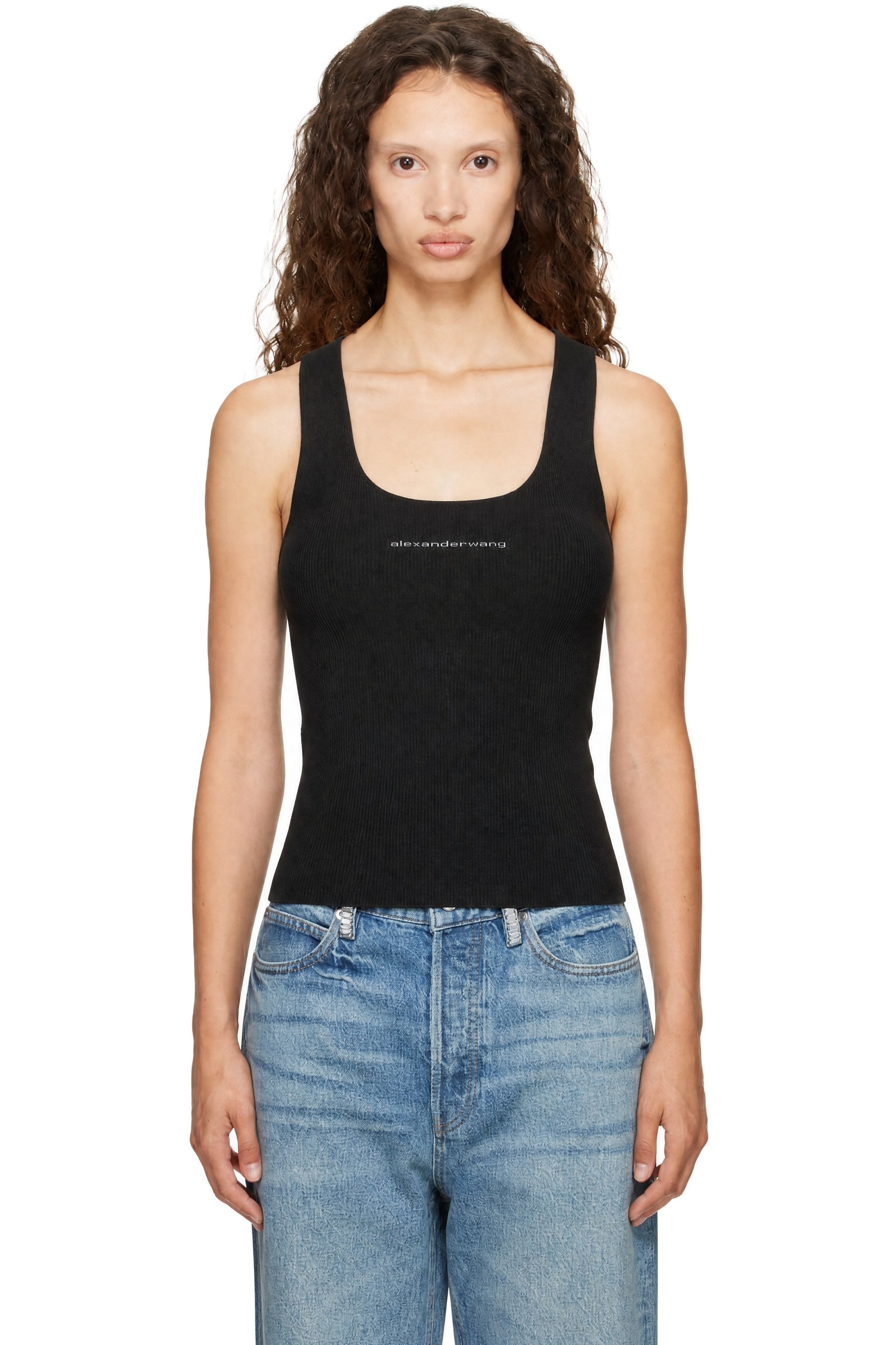 Alexander Wang - Black Jacquard Logo Racer Tank Top