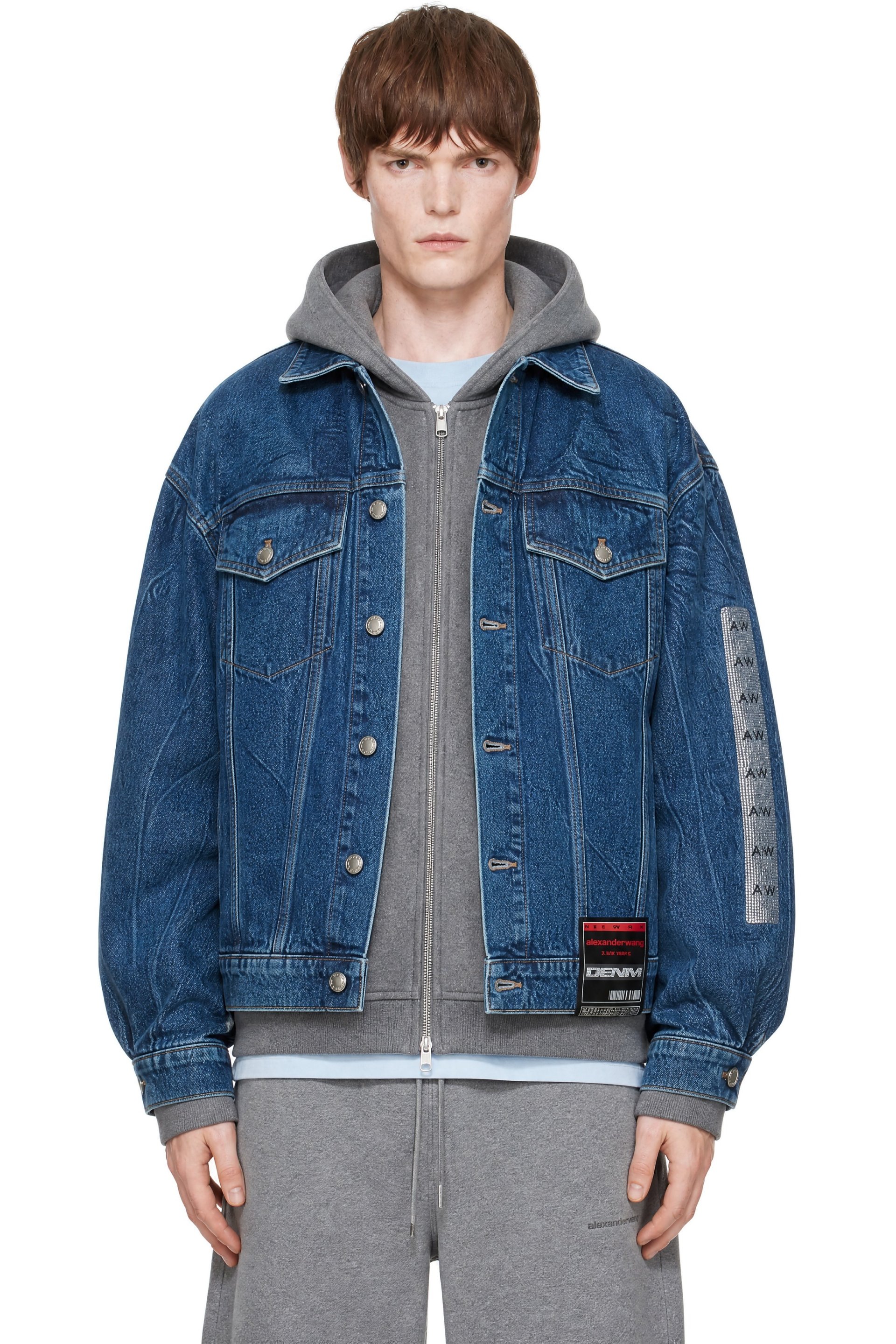 Alexander Wang - Blouson camionneur surdimensionné bleu en denim à pierres du Rhin