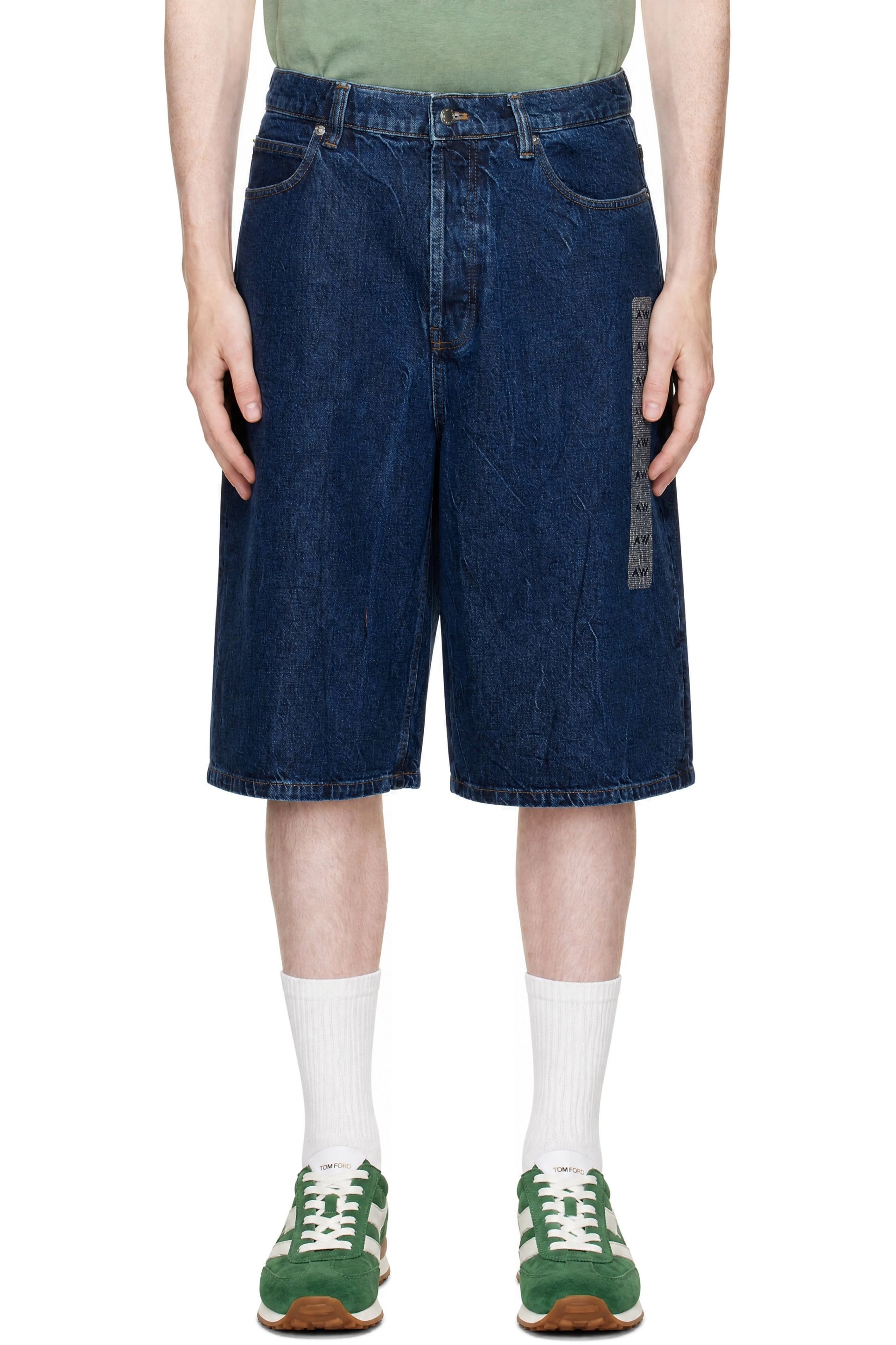 Alexander Wang - Short de surf bleu en denim à taille basse et à pierres du Rhin
