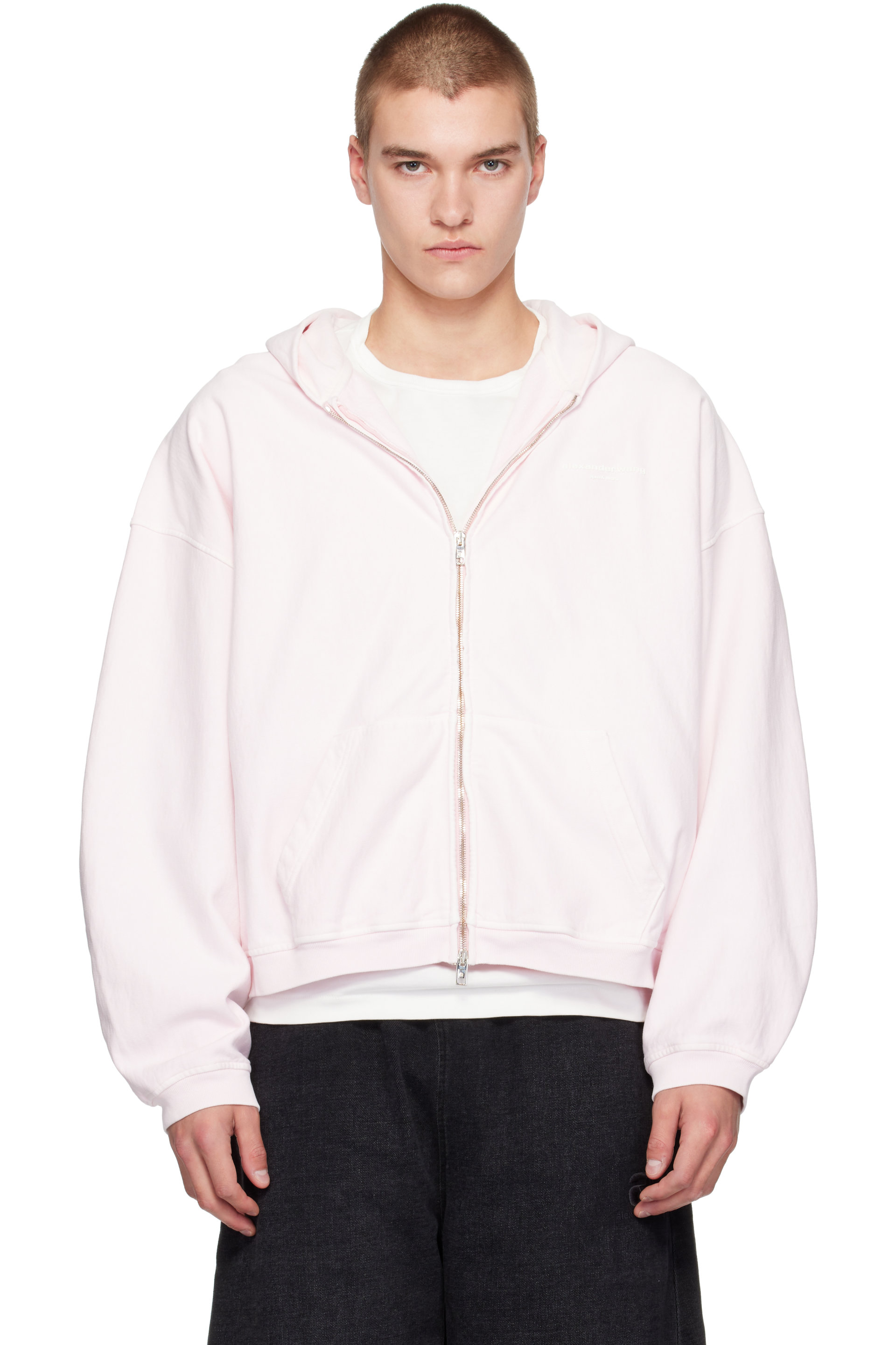 Alexander Wang - Pink Logo Print Oversized Zip-Up Hoodie