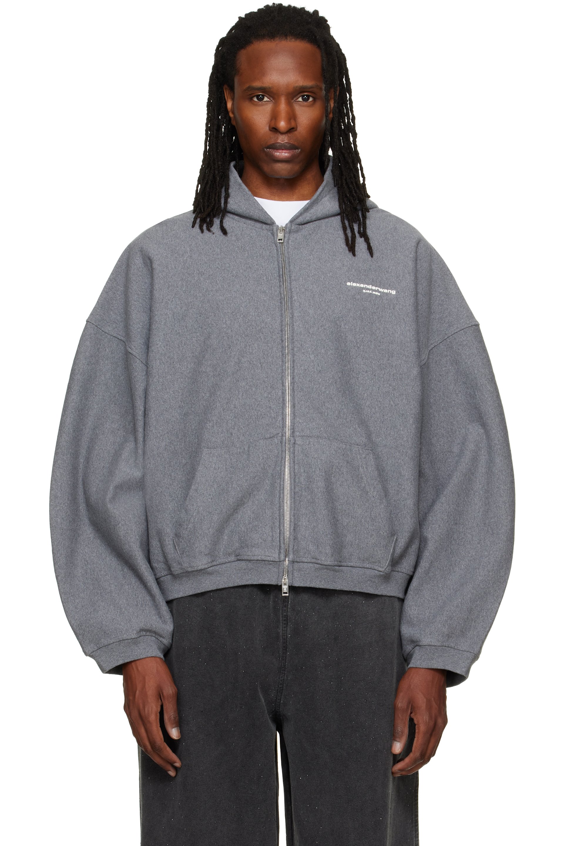 Alexander Wang - Gray Logo Print Oversized Zip Up Hoodie