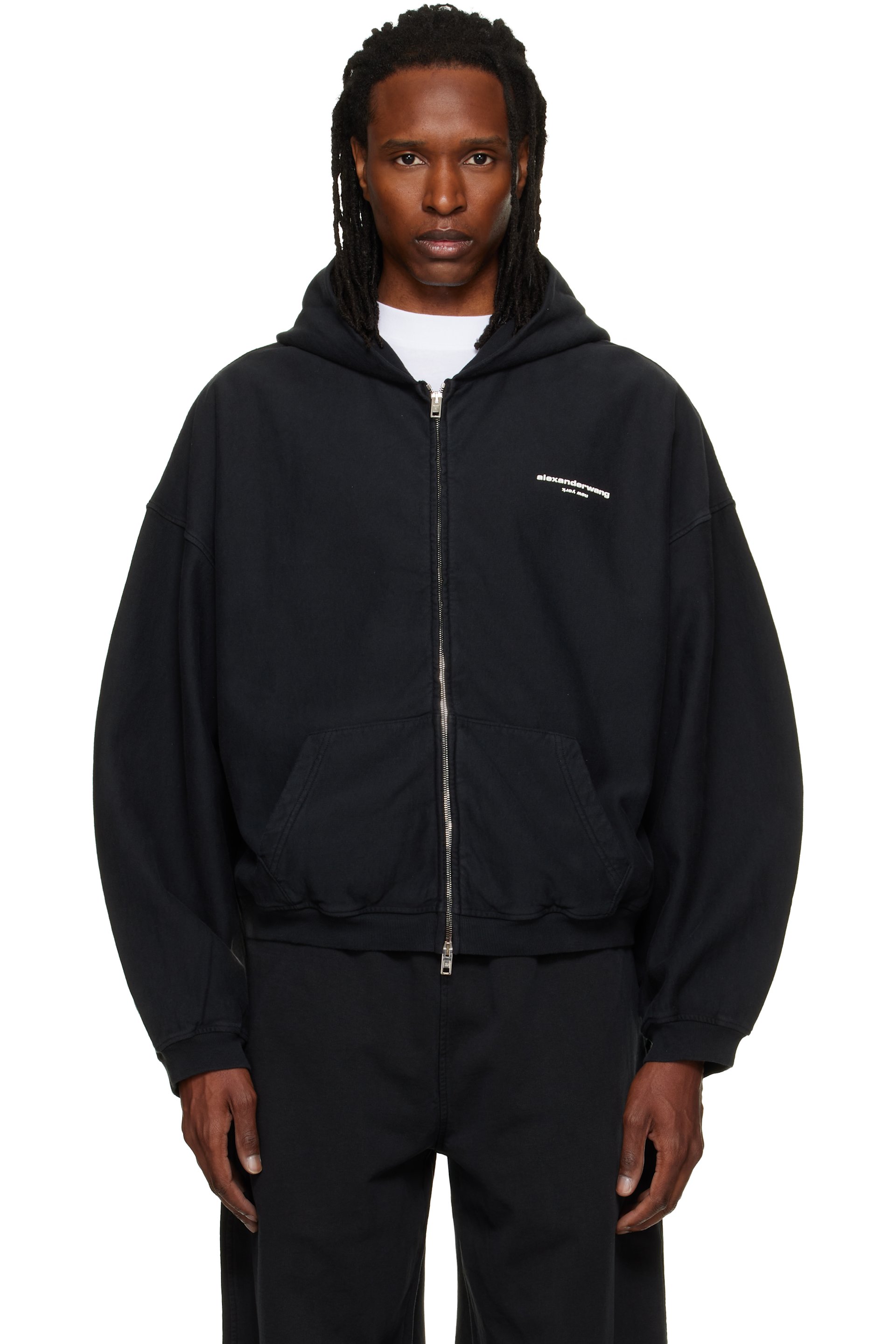 Alexander Wang - Black Logo Print Oversized Zip Up Hoodie