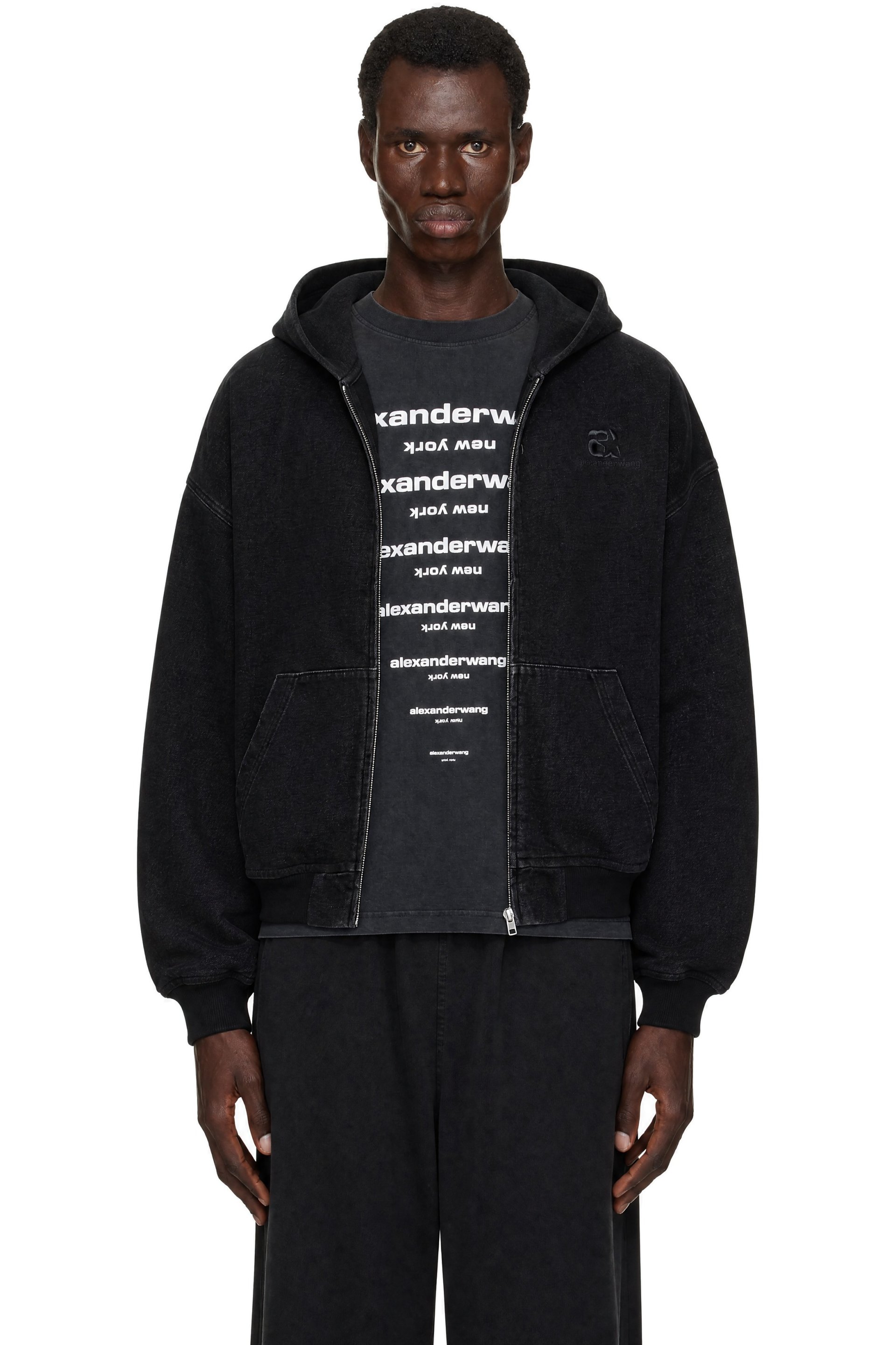 Alexander Wang - Pull à capuche surdimensionné noir en denim brossé