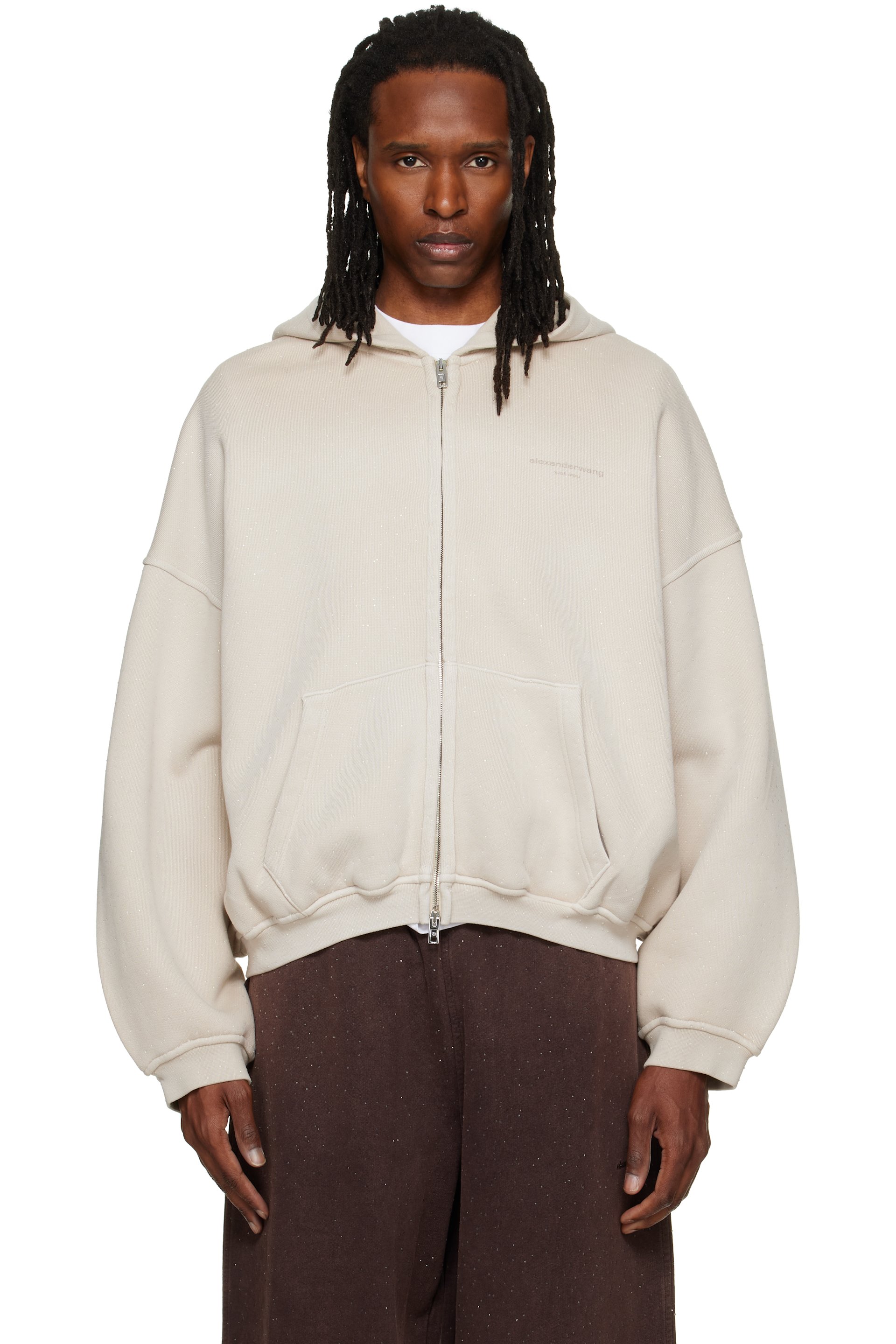 Alexander Wang - Off-White Crystal Hotfix Oversized Zip Up Hoodie