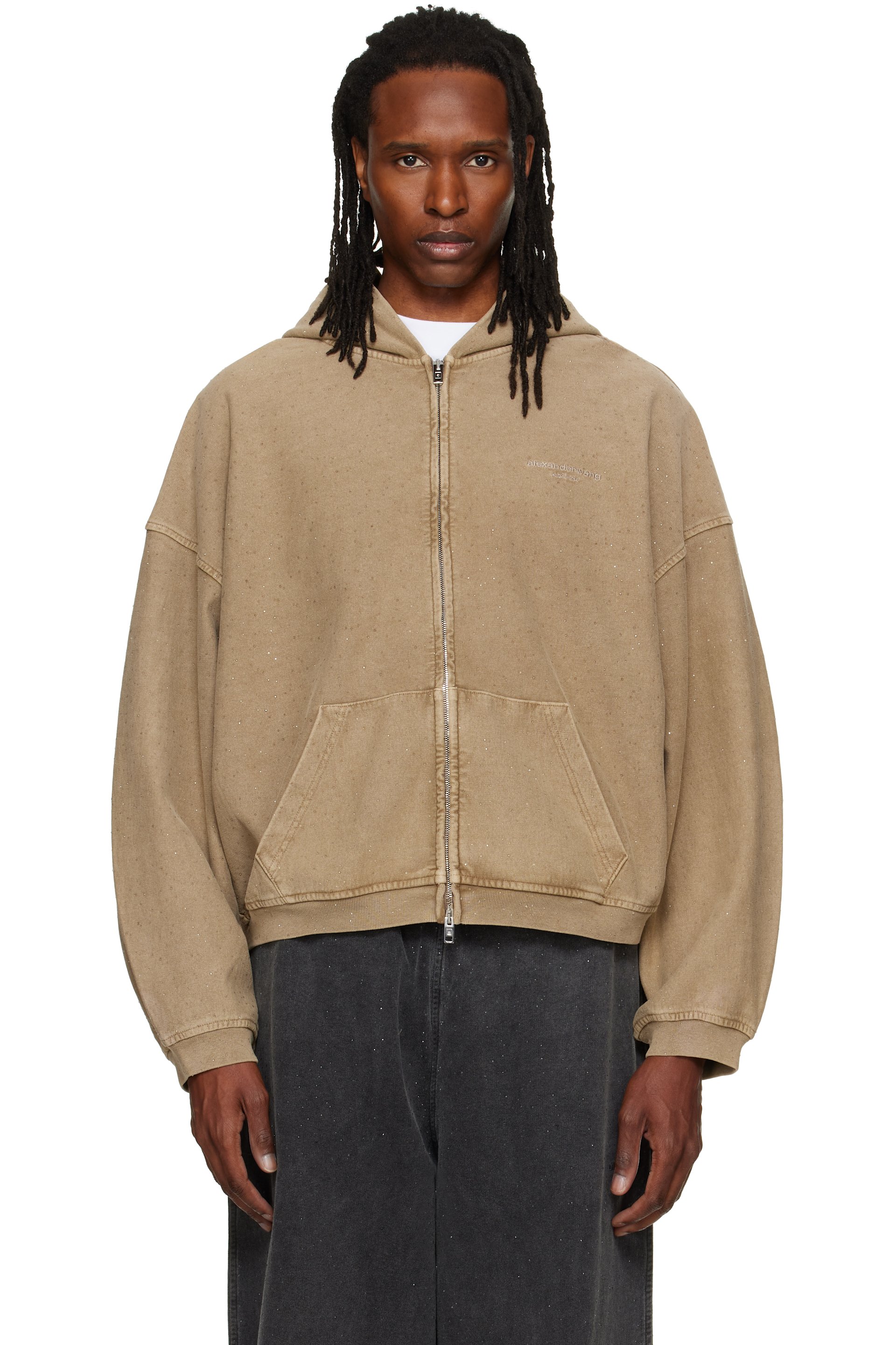 Alexander Wang - Tan Crystal Hotfix Oversized Zip Up Hoodie