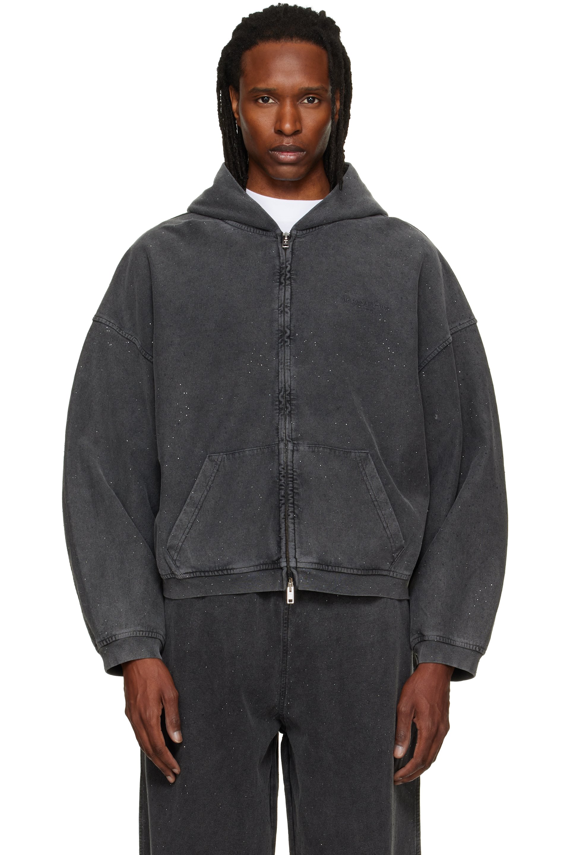 Alexander Wang - Gray Crystal Hotfix Oversized Zip Up Hoodie