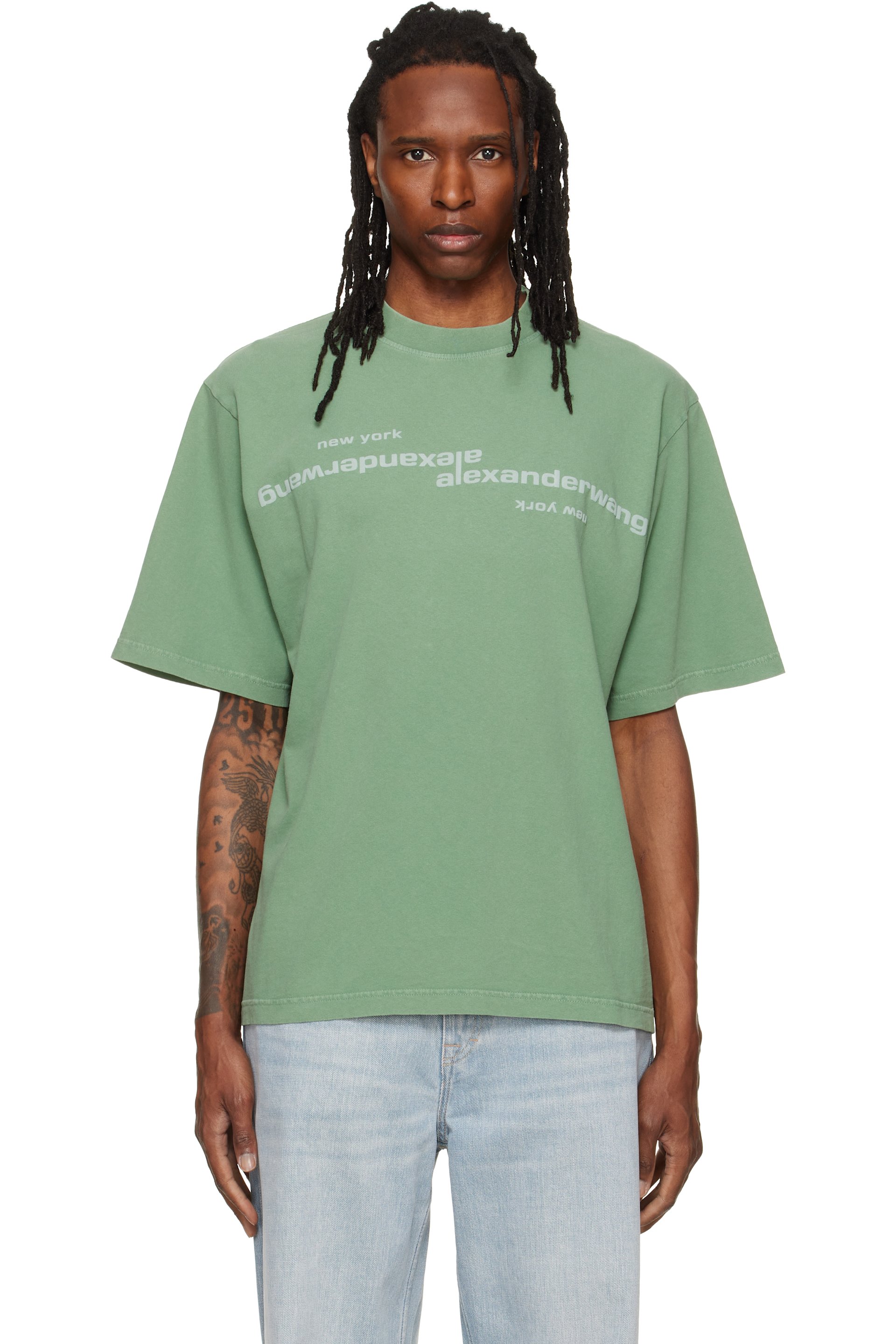 Alexander Wang - Green Mirrored Logo Short Sleeve T-shirt