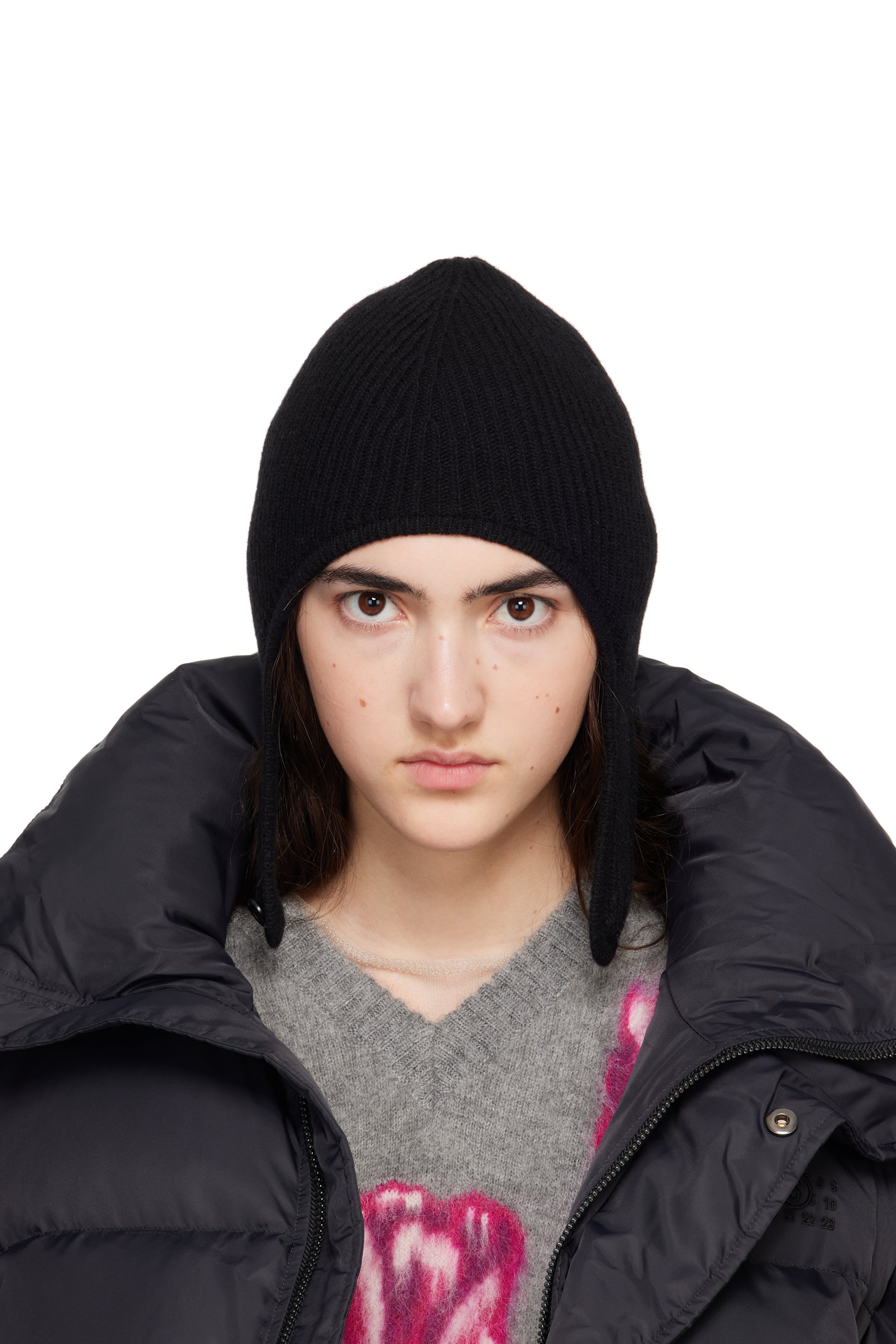 MM6 Maison Margiela - Black Ribbed Aviator Beanie