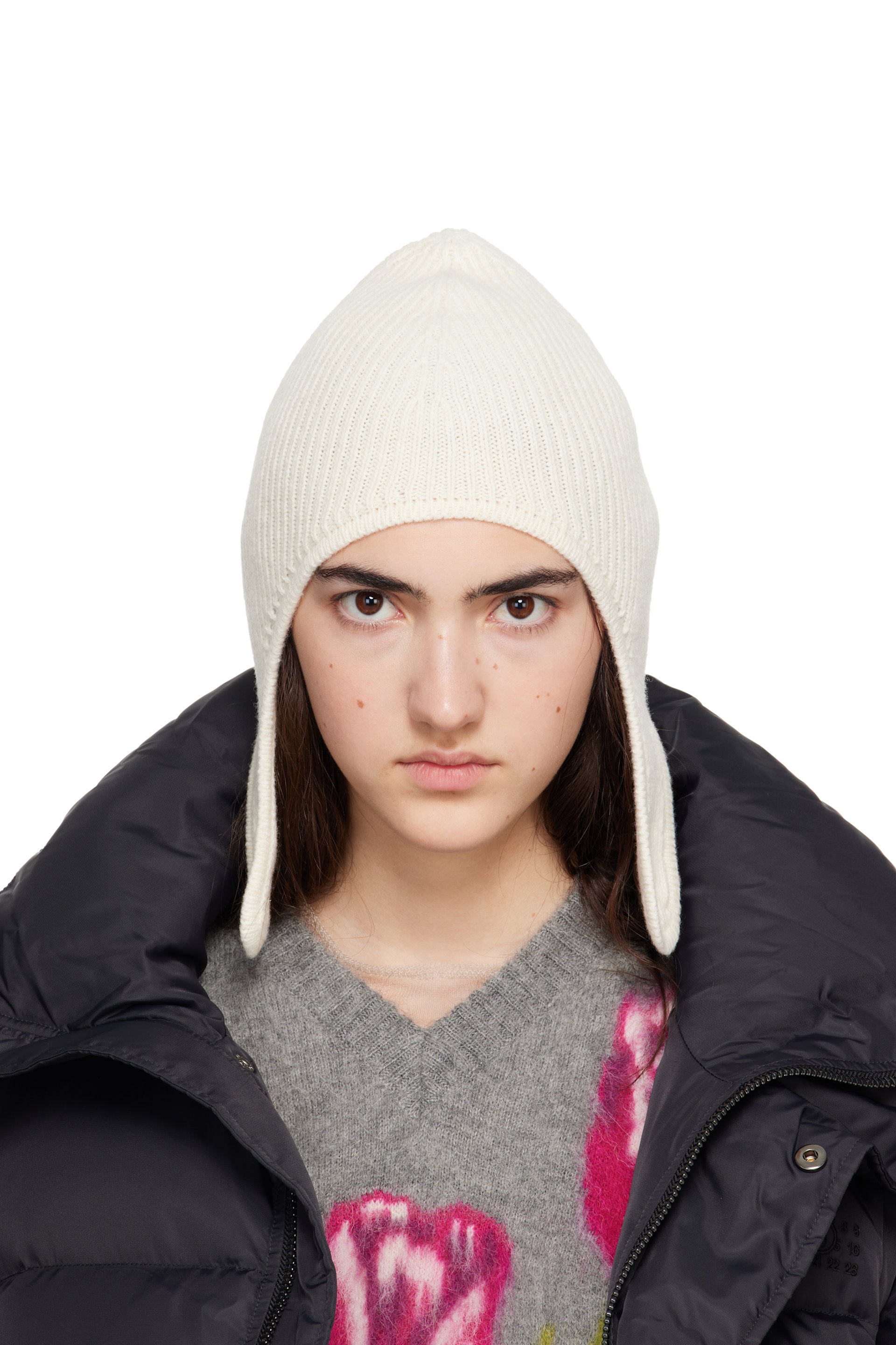 MM6 Maison Margiela - Off-White Ribbed Aviator Beanie