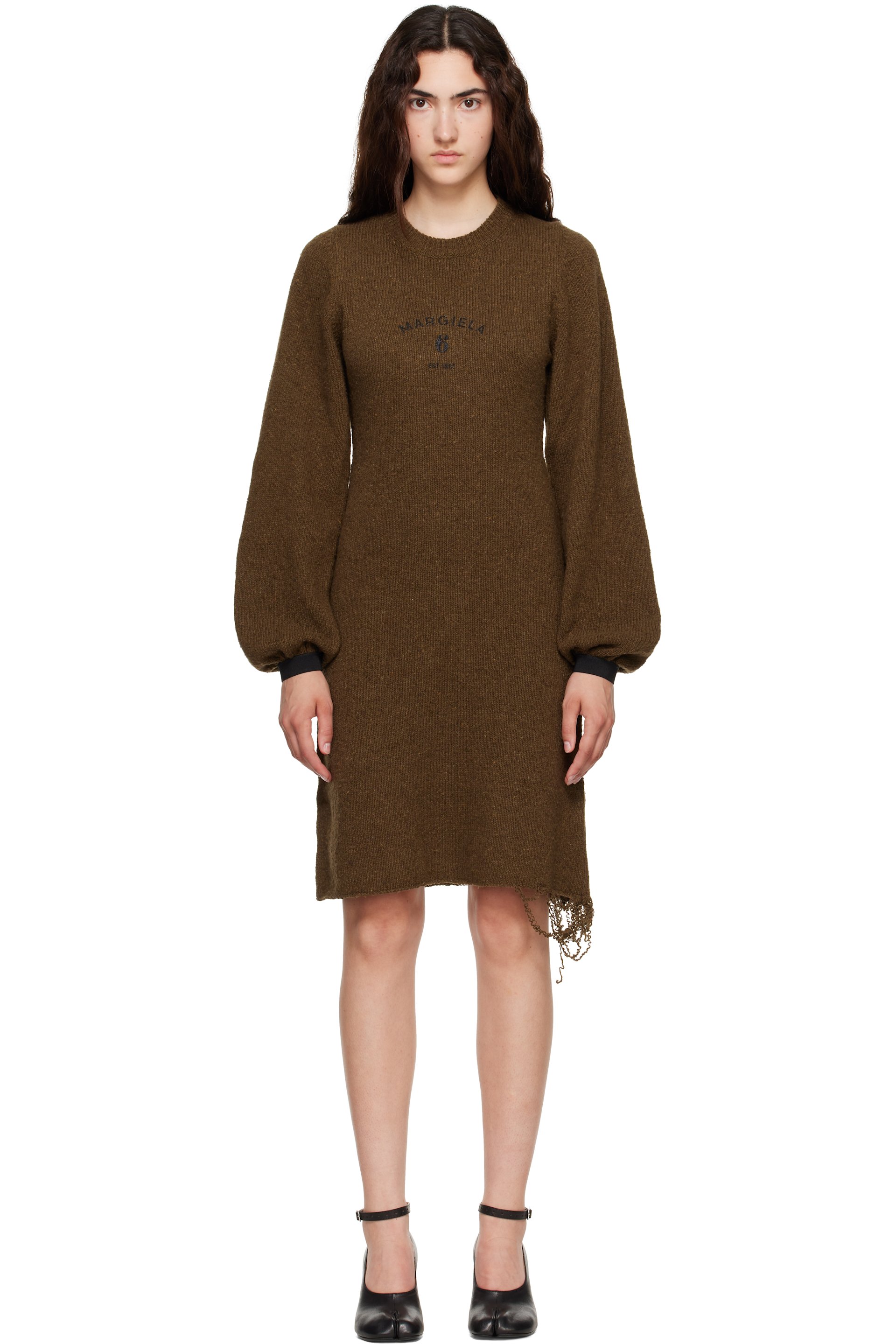 MM6 Maison Margiela - 卡其色 Frayed Knit 连衣裙