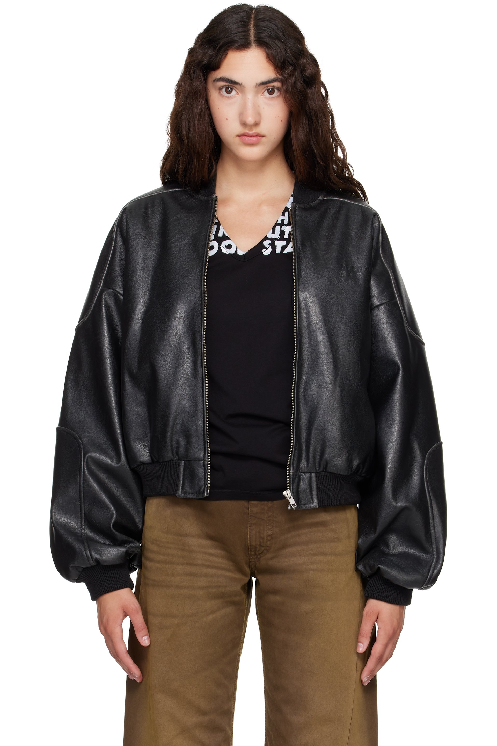 MM6 Maison Margiela - Black Rib-Knit Trim Faux-Leather Bomber Jacket