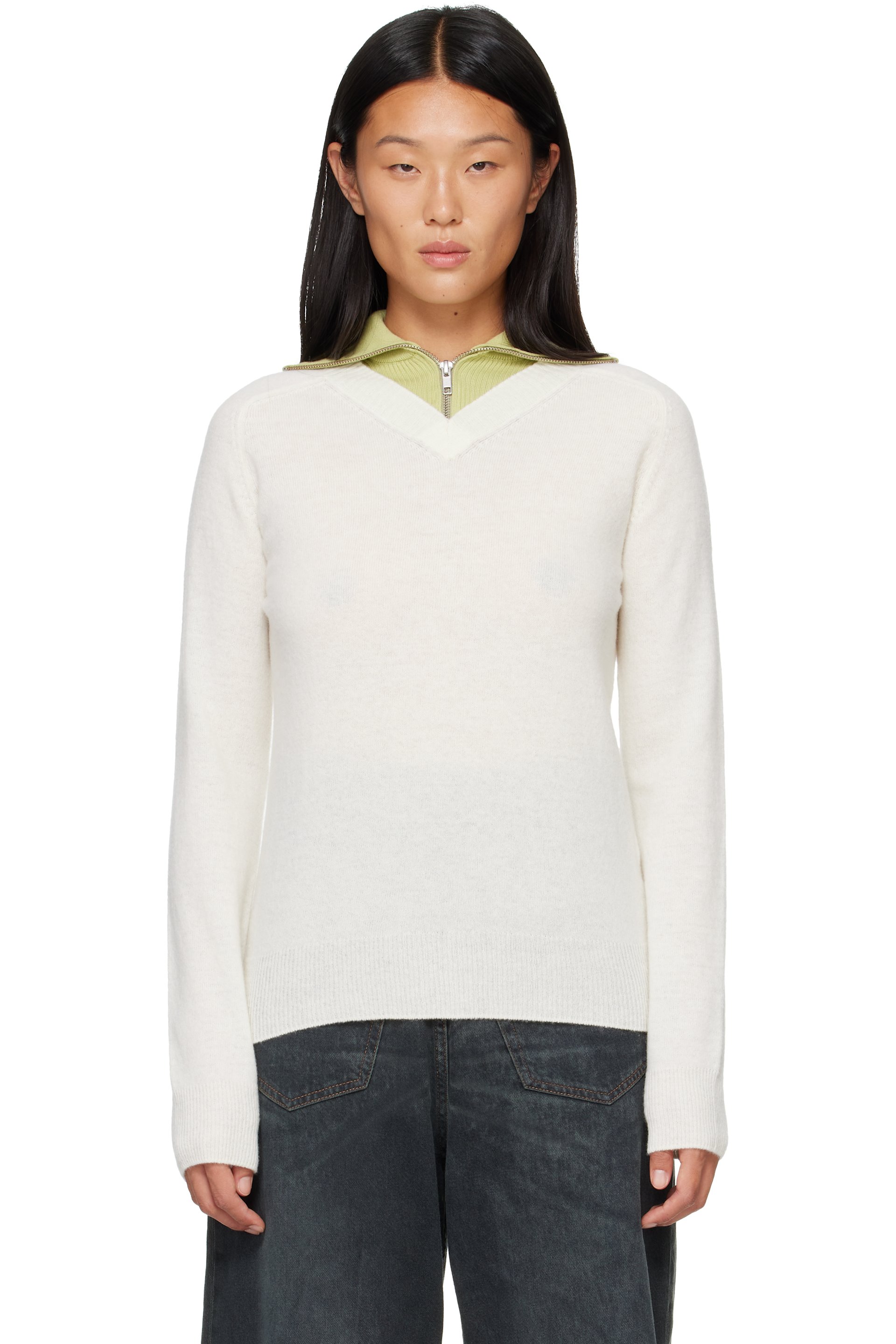 MM6 Maison Margiela - Off-White & Green Layered Neckline Pullover Sweater