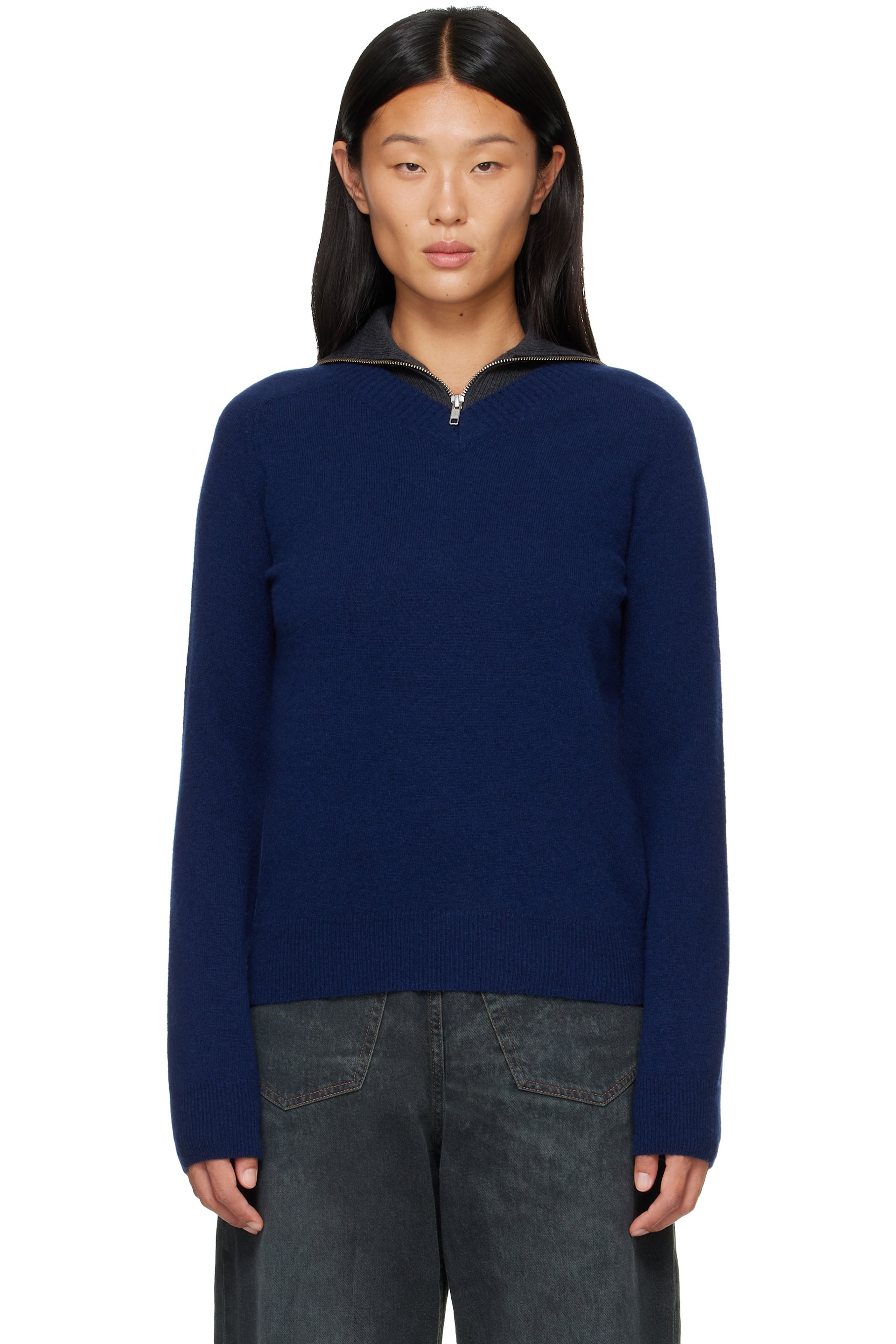 MM6 Maison Margiela - 海军蓝 & 灰色 Layered Neckline Pullover 毛衣