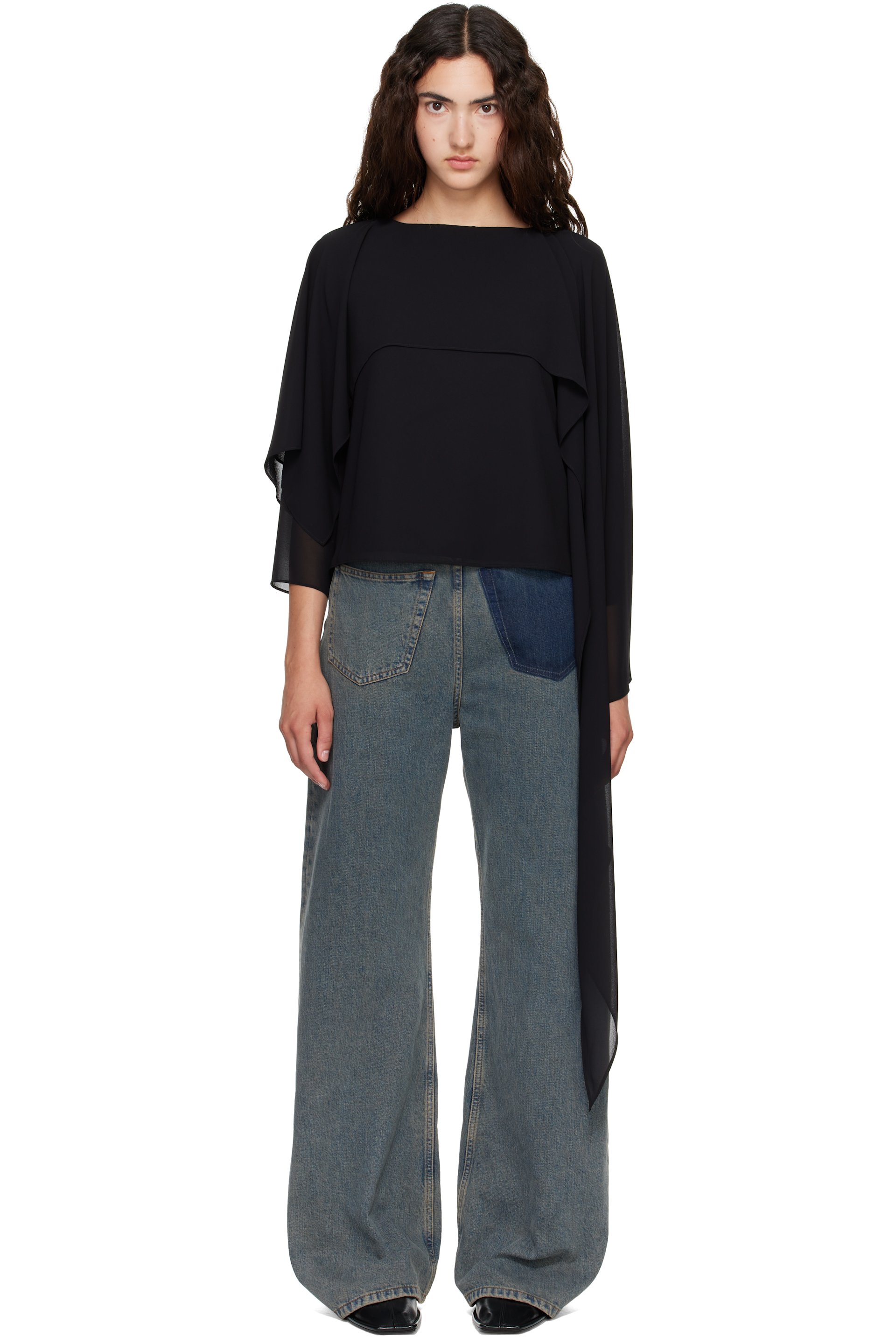 MM6 Maison Margiela - Black Chiffon Long-Sleeved Blouse