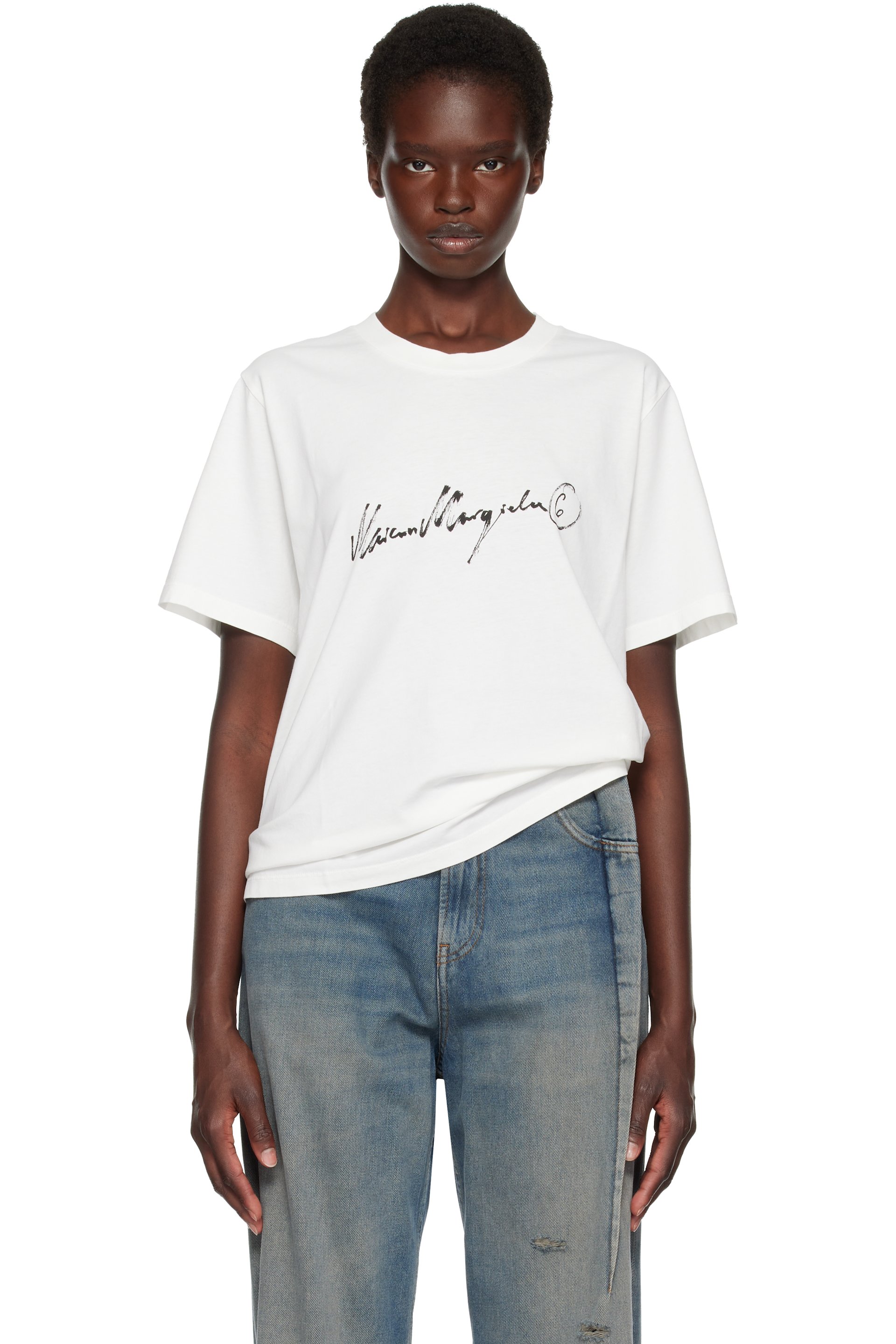 MM6 Maison Margiela - オフホワイト Handwritten-Print オーバーダイ加工 Tシャツ