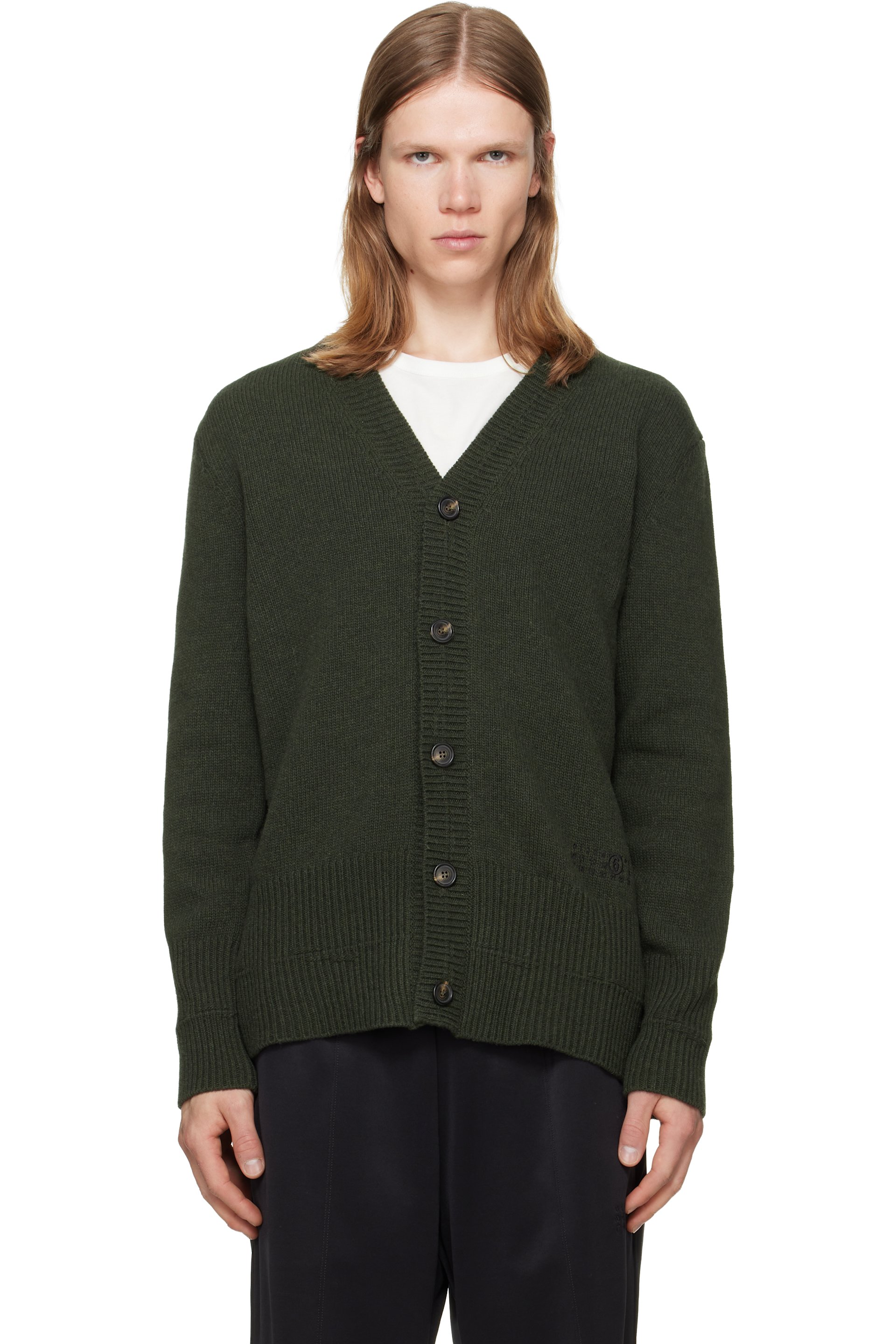 MM6 Maison Margiela - Khaki Wool V-Neck Cardigan