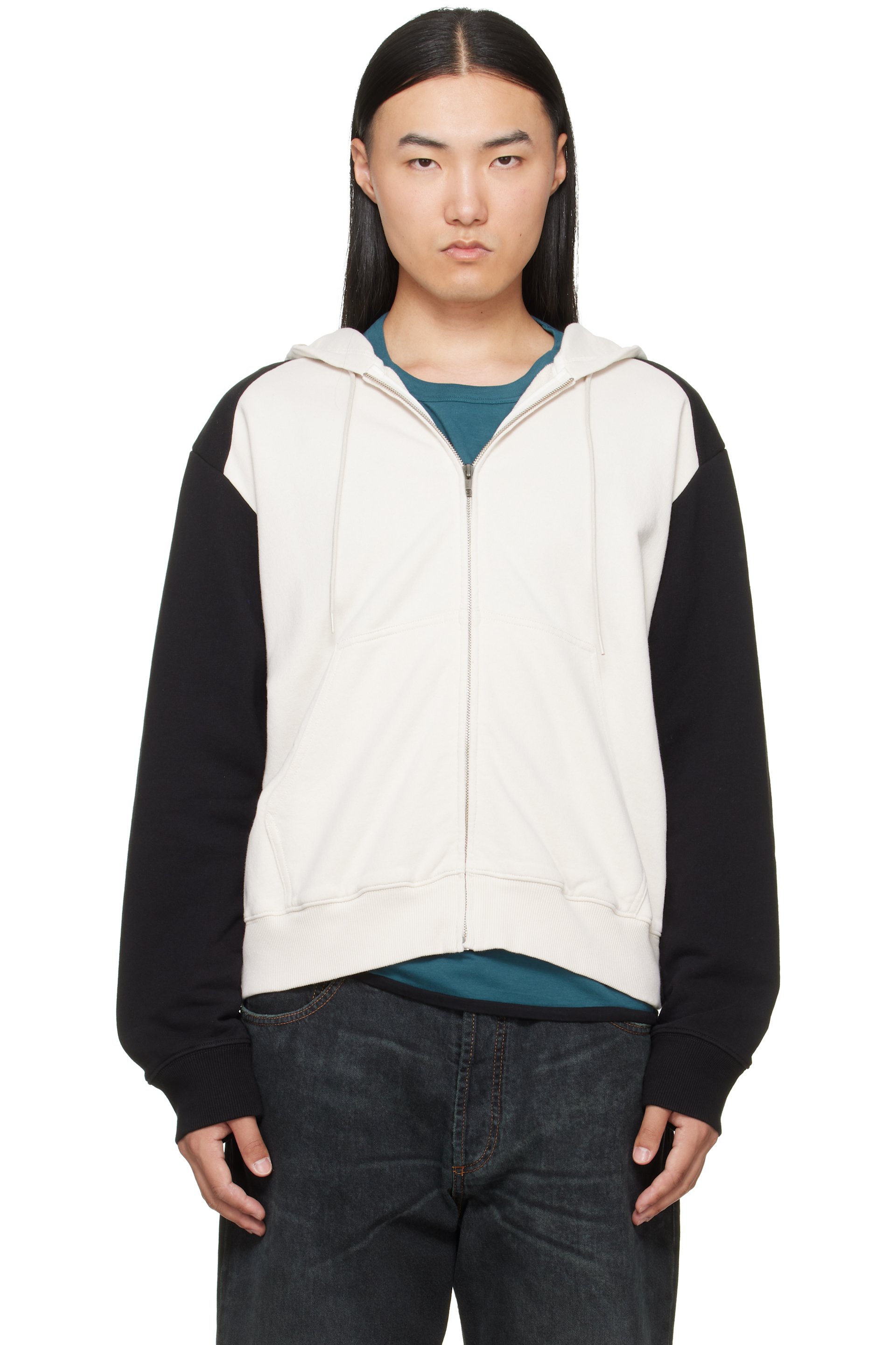 MM6 Maison Margiela - Off-White & Black Paneled Zip-Up Hoodie