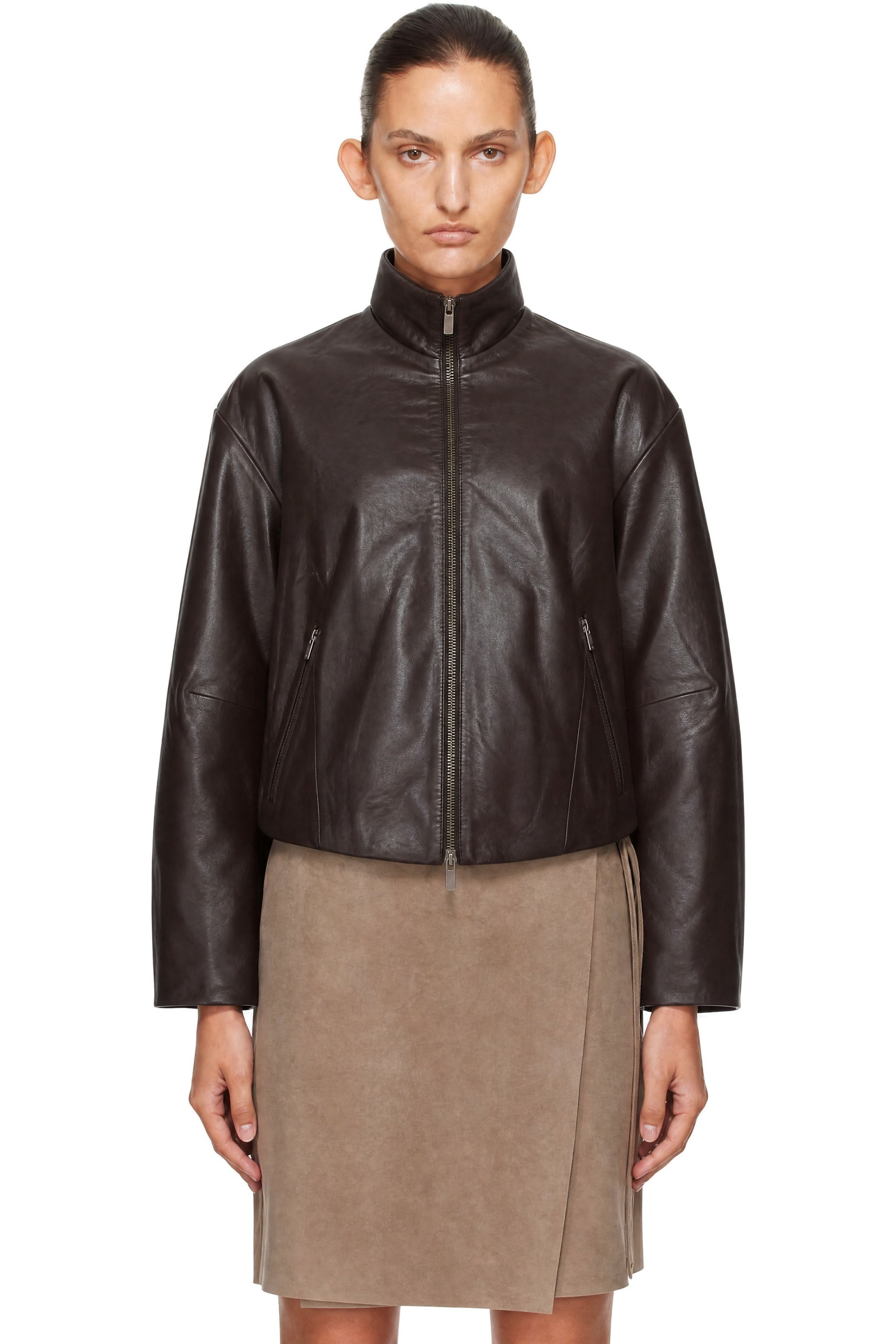 St. Agni - Brown Cocoon Zip Leather Jacket