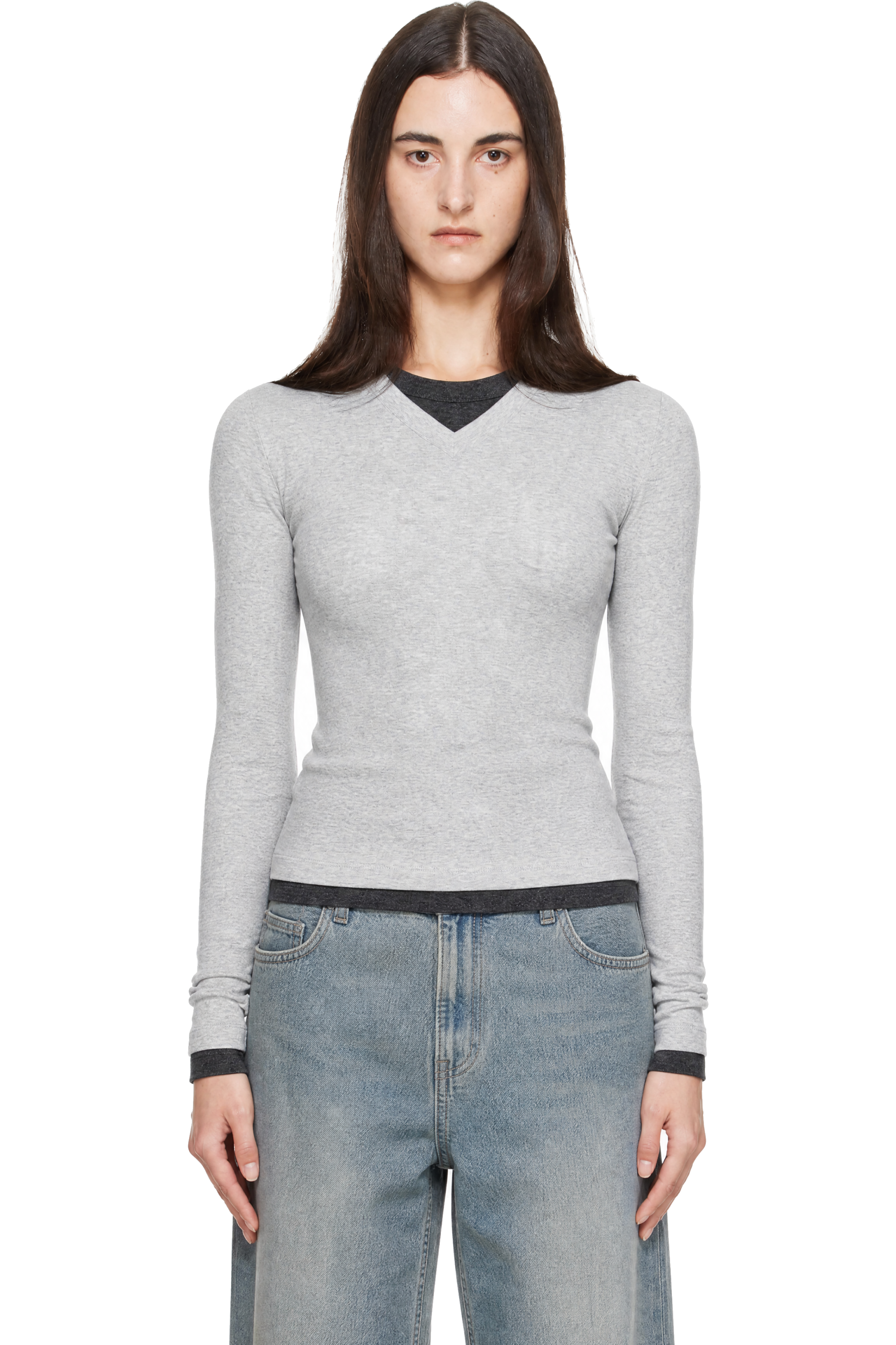 St. Agni - Gray Organic Cotton V Neck Long Sleeve T-shirt