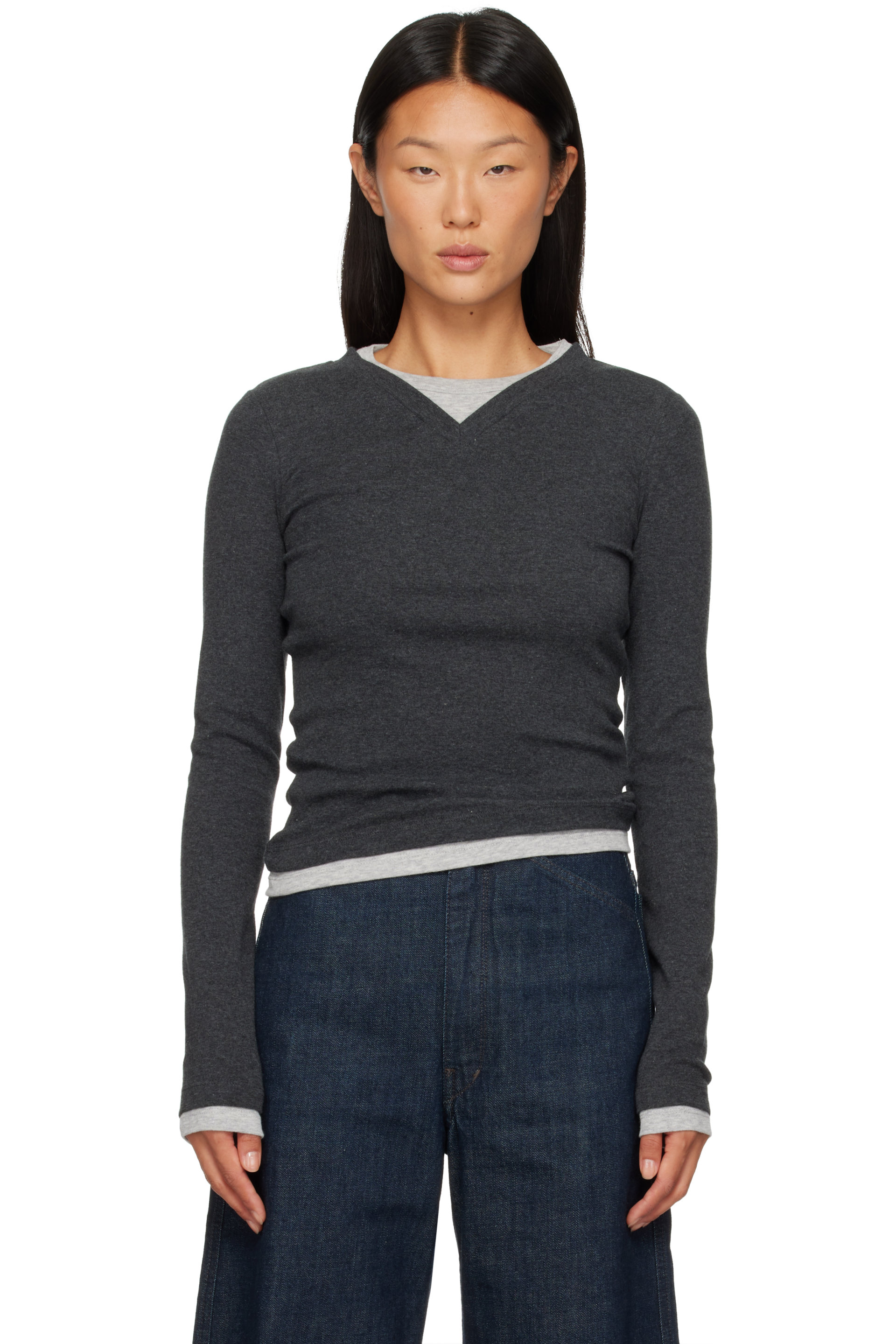 St. Agni - Gray Organic Cotton V Neck Long Sleeve T-shirt