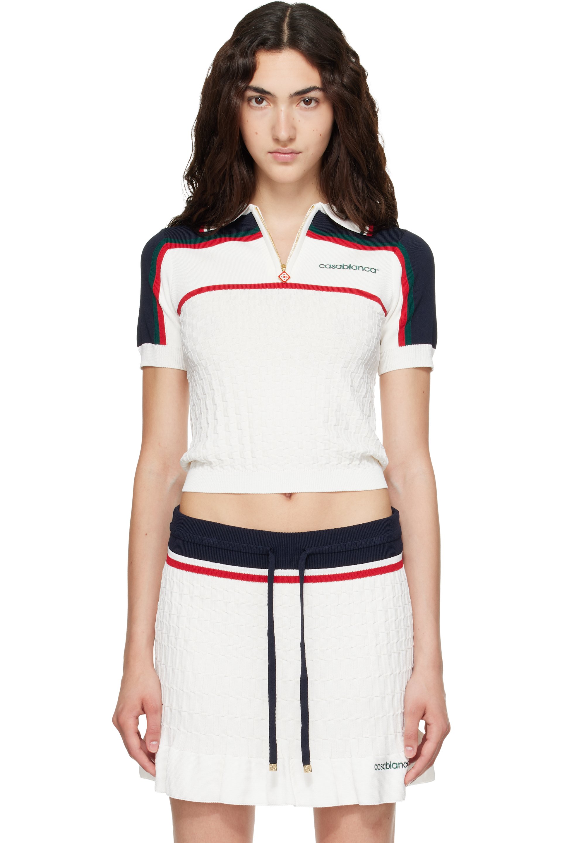 Casablanca - Polo de tennis blanc cassé et vert en tricot