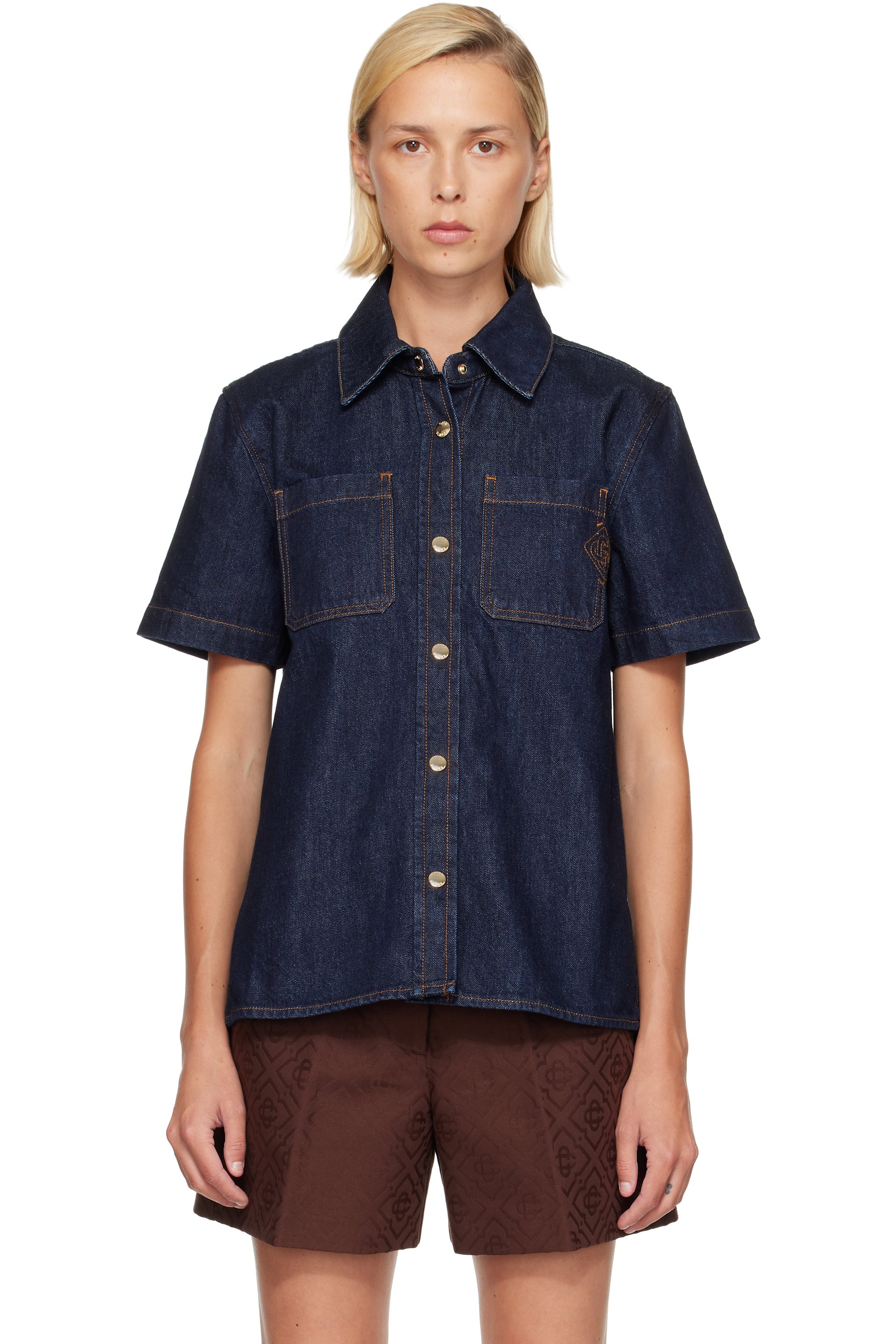 Casablanca - Navy Short Sleeve Denim Shirt
