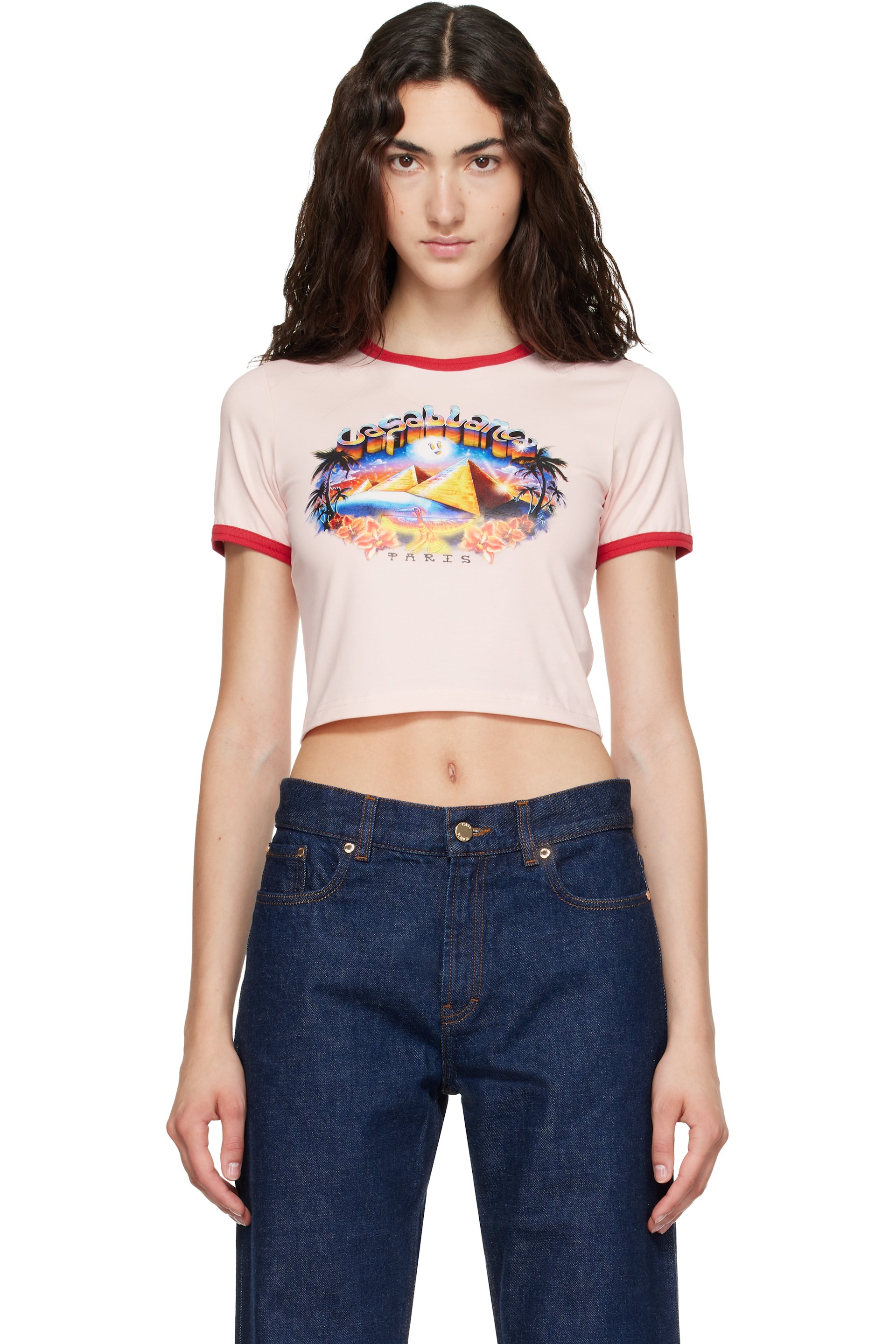 Casablanca - Micro t-shirt à manches courtes rose et à logos