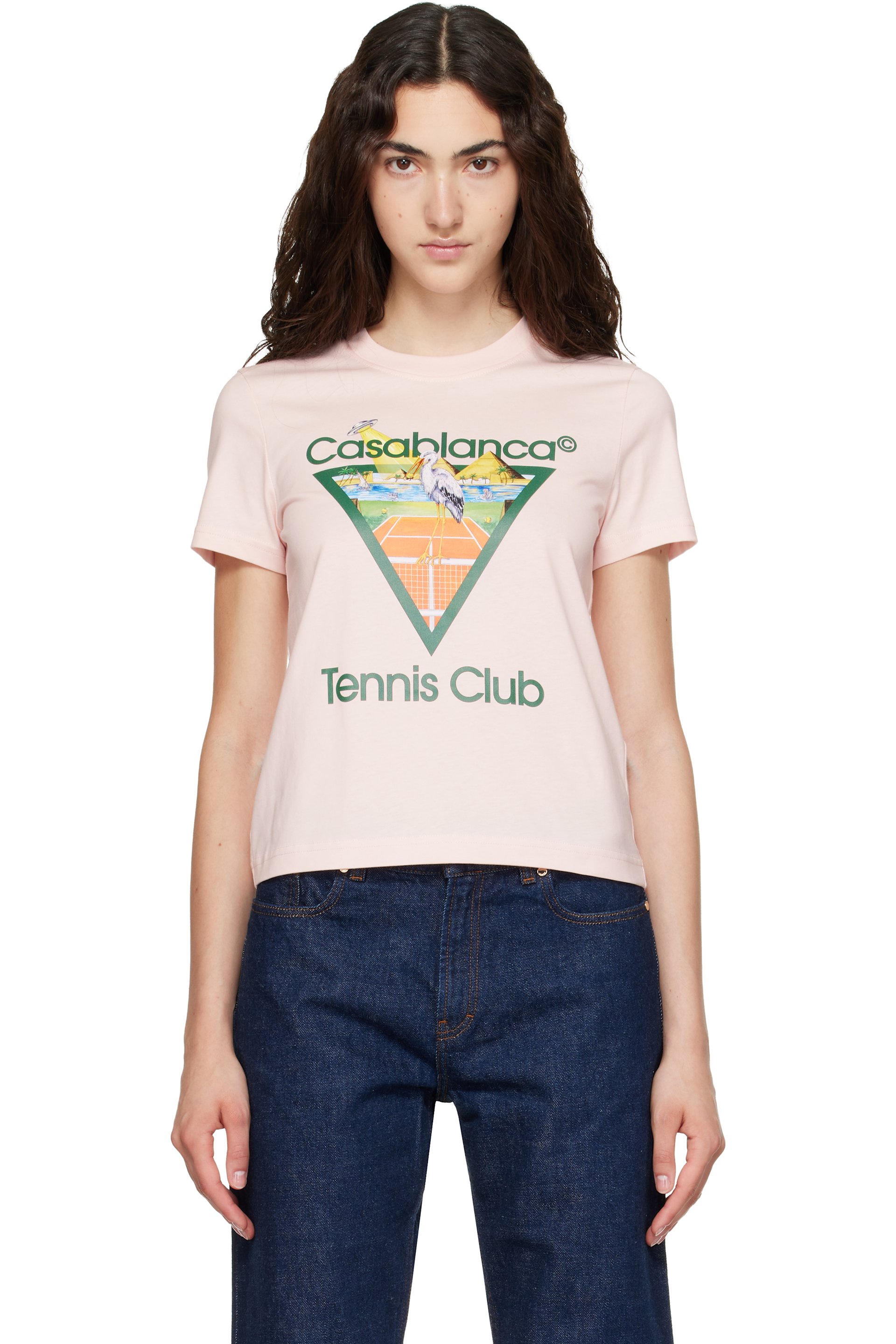 Casablanca - T-shirt ajusté rose à logo Tennis Club et à imprimé Pyramid Abduction