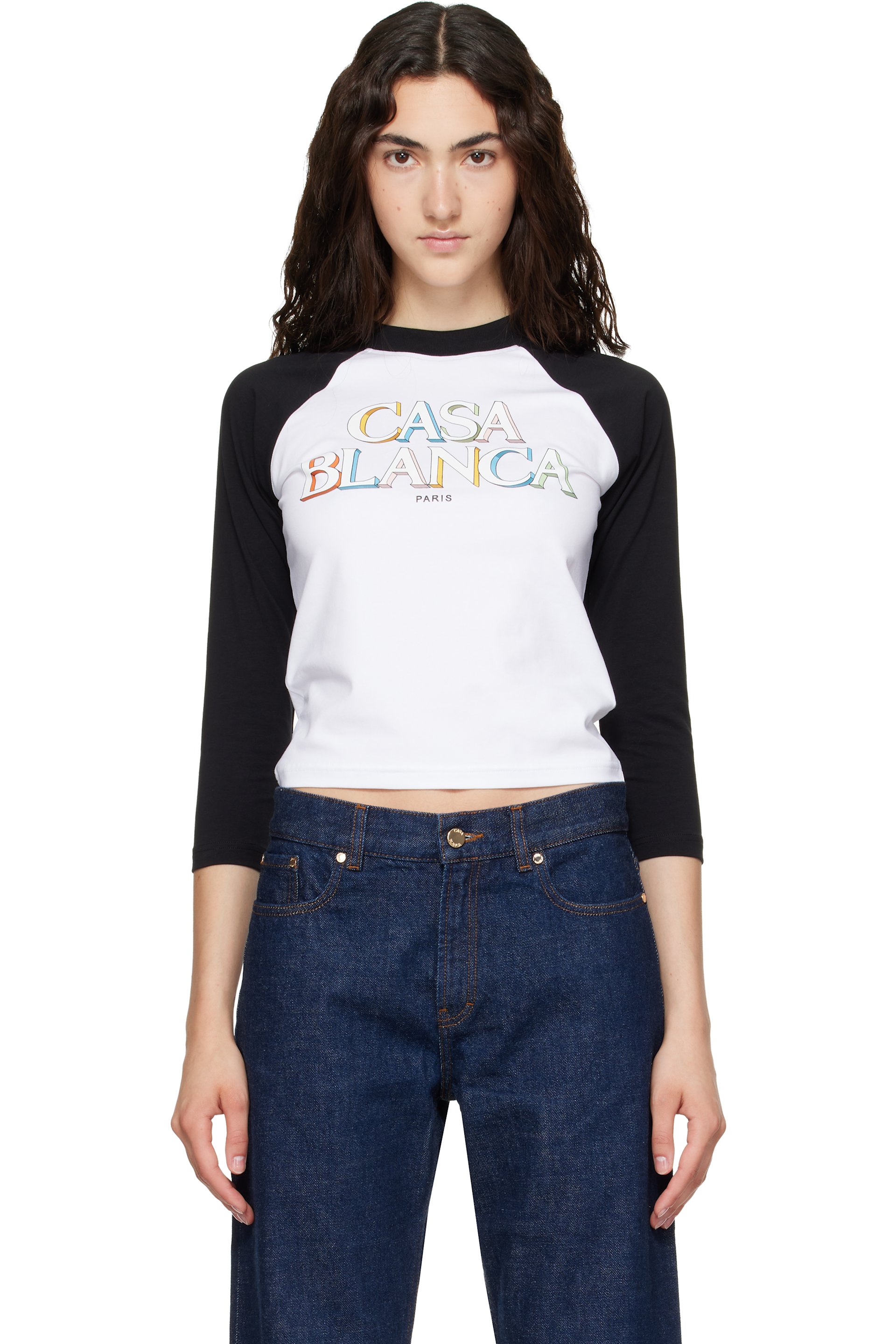 Casablanca - T-shirt de baseball blanc et noir