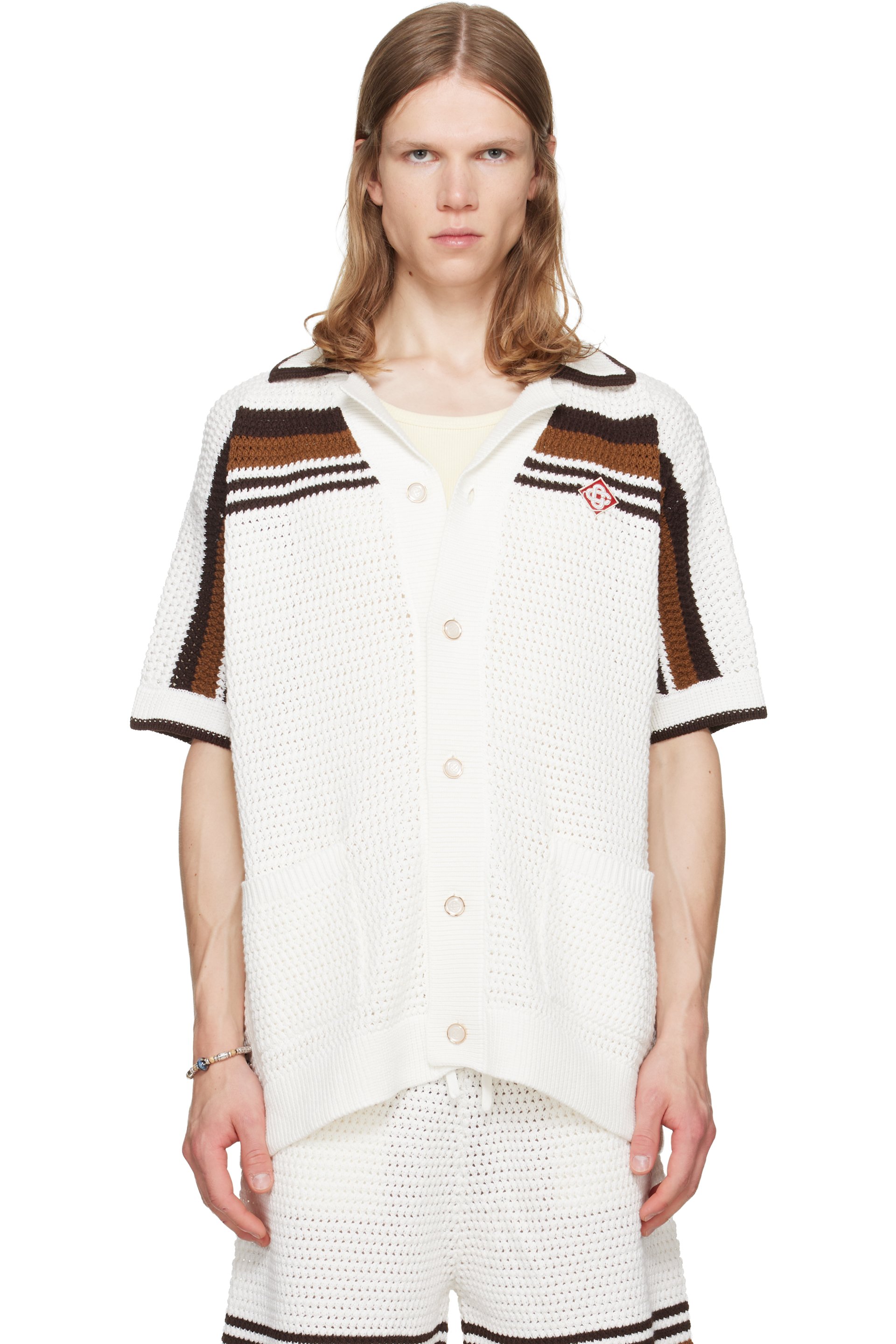 Casablanca - White Tennis Stripe Crochet Short Sleeve Shirt