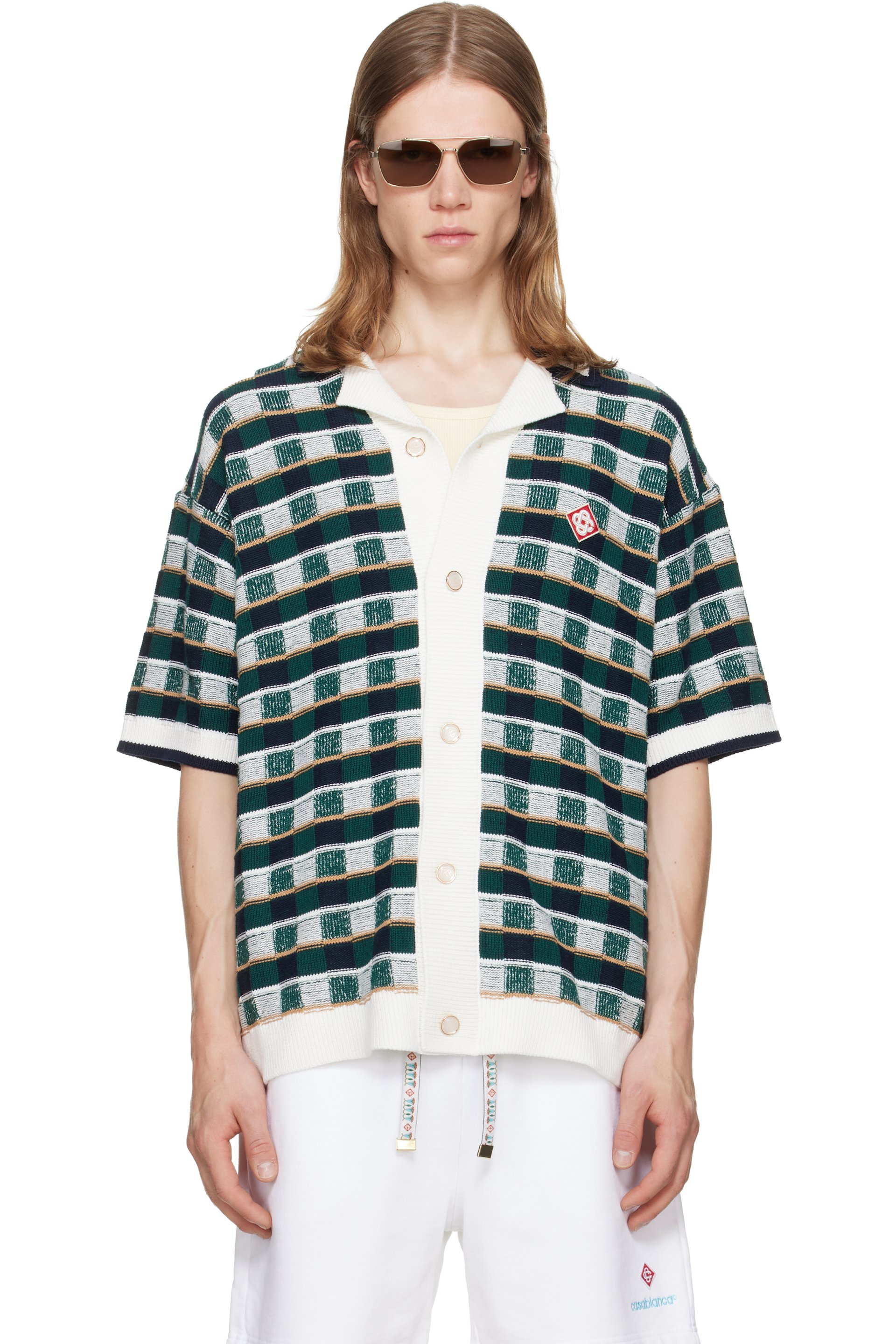 Casablanca - White & Green Crochet Mosaic Short Sleeve Shirt