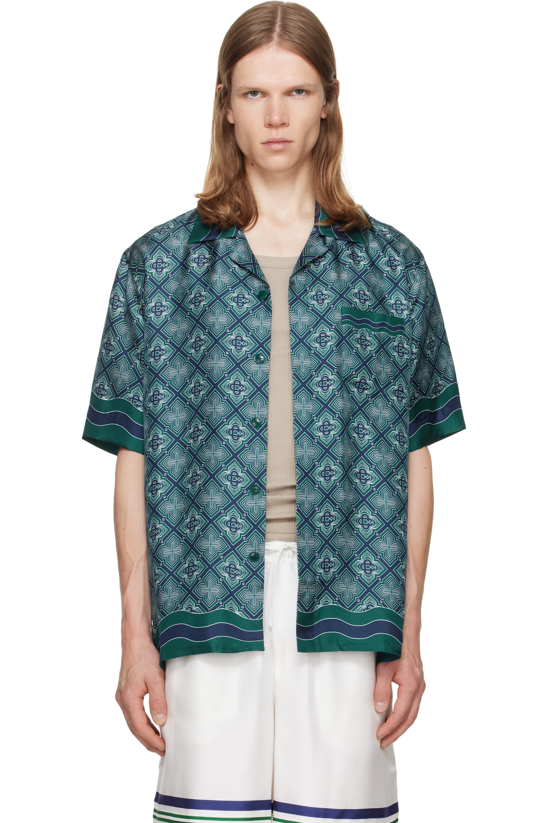 Casablanca - Green Radiating Monogram Short Sleeve Silk Shirt