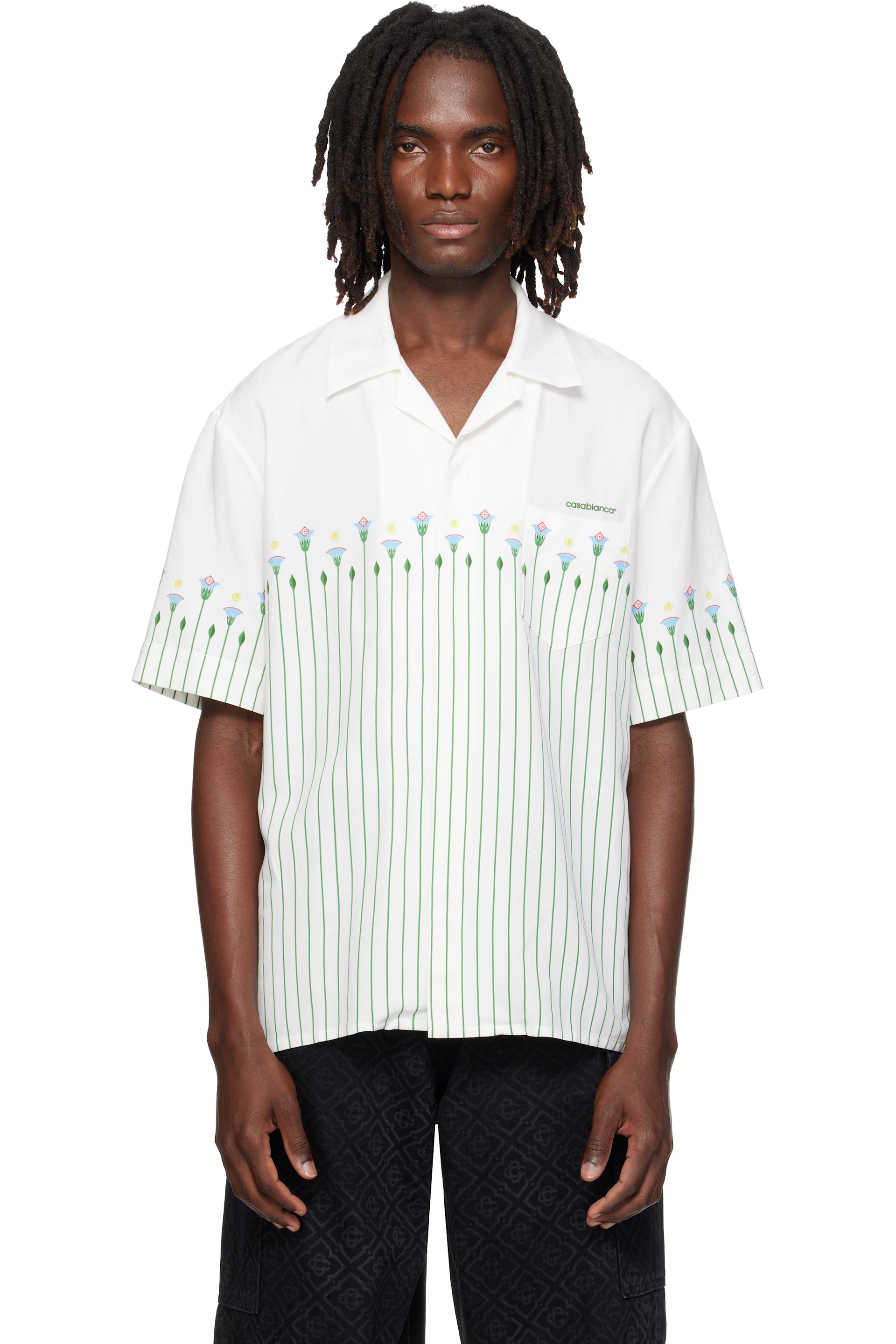 Casablanca - White Linen Floral Stripe Sporty Short Sleeve Shirt