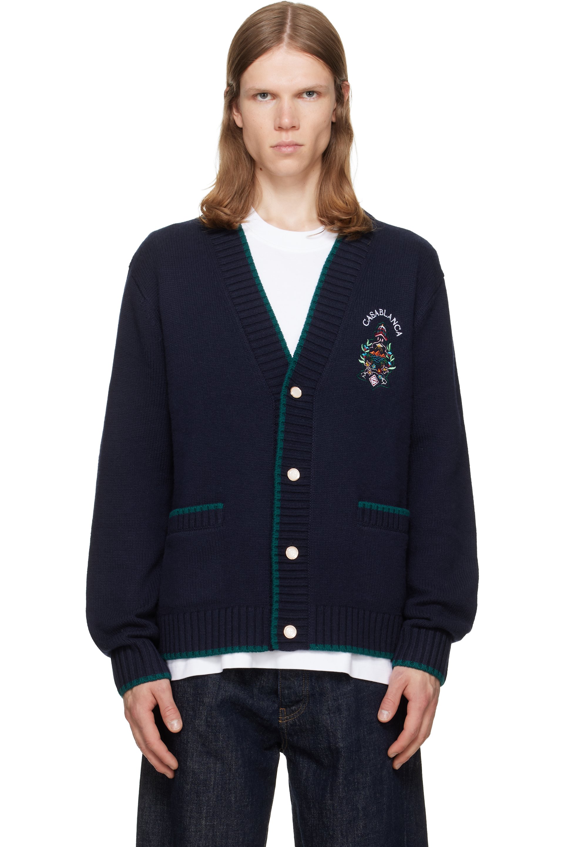Casablanca - Navy Hotel Emblem Embroidered Wool Cardigan