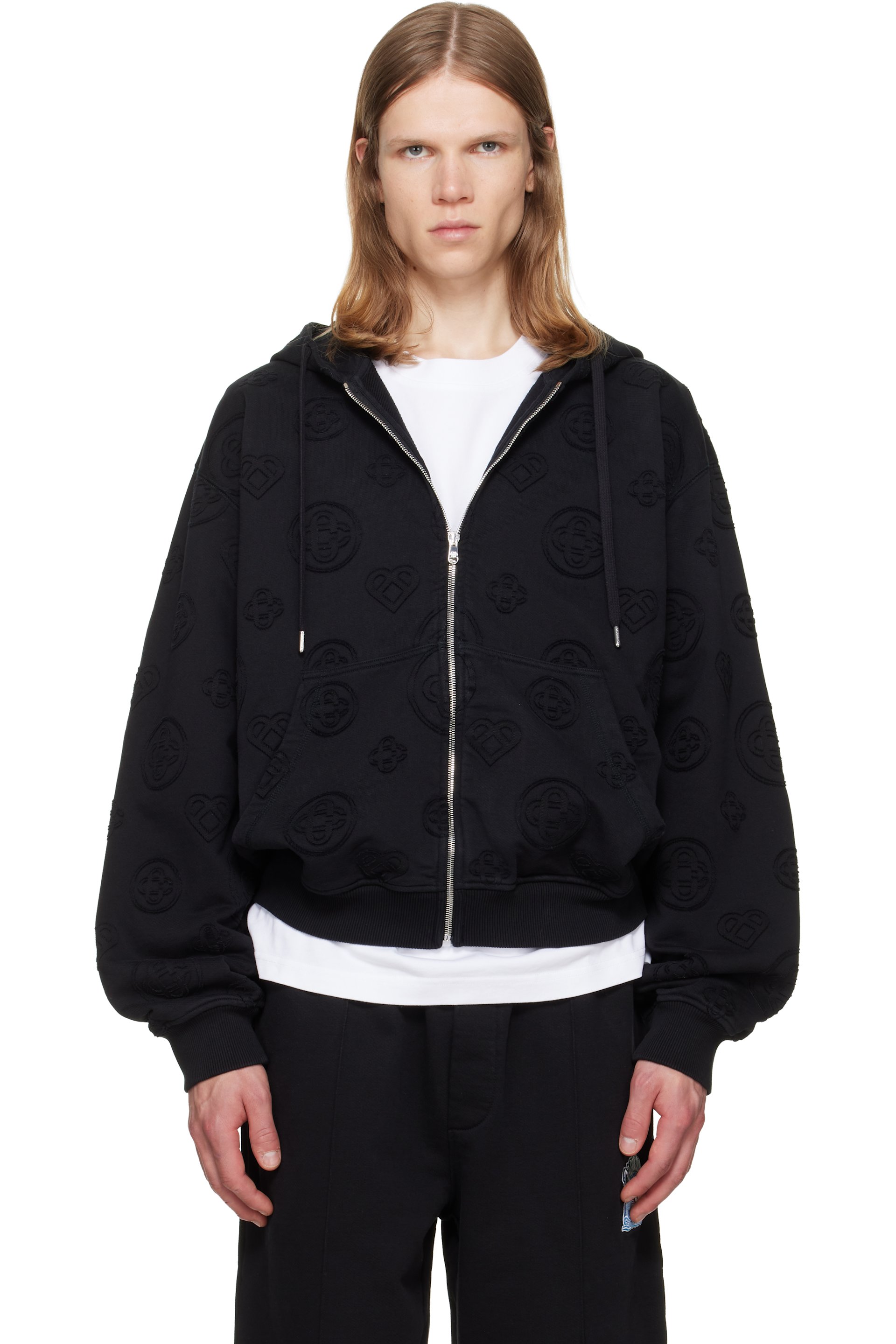 Casablanca - Black Applique Monogram Zip‑Up Hoodie
