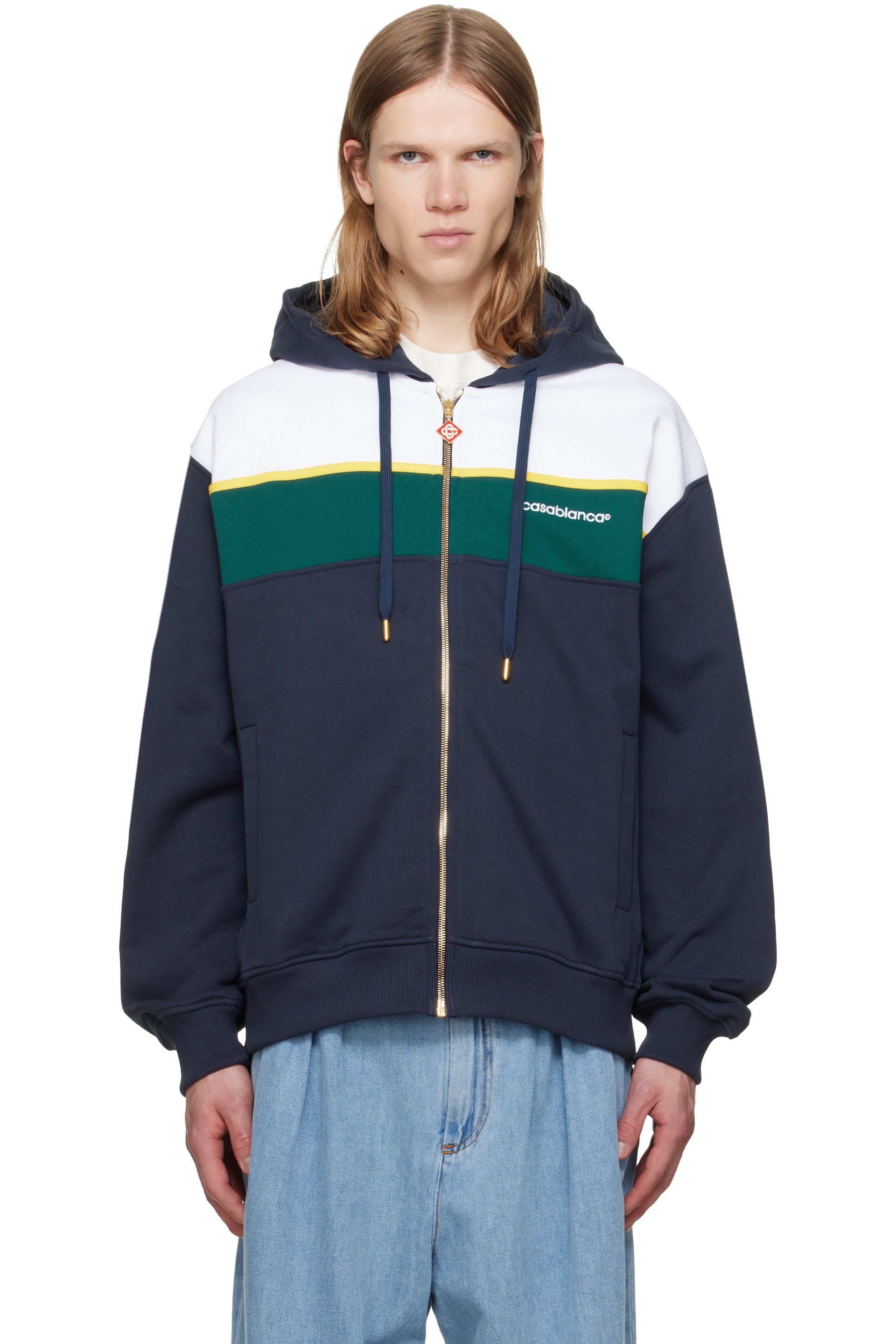 Casablanca - Navy Panelled Zip Up Hoodie