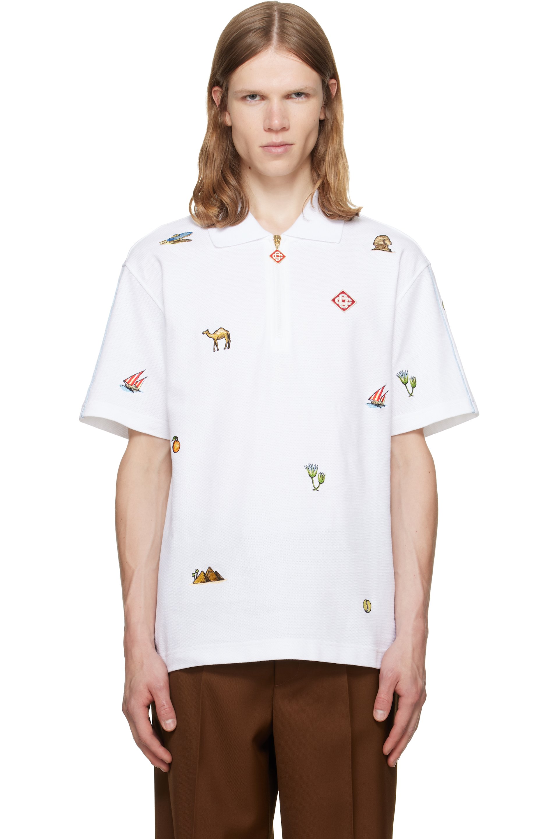 Casablanca - White Quartered Zip Embroidered Polo
