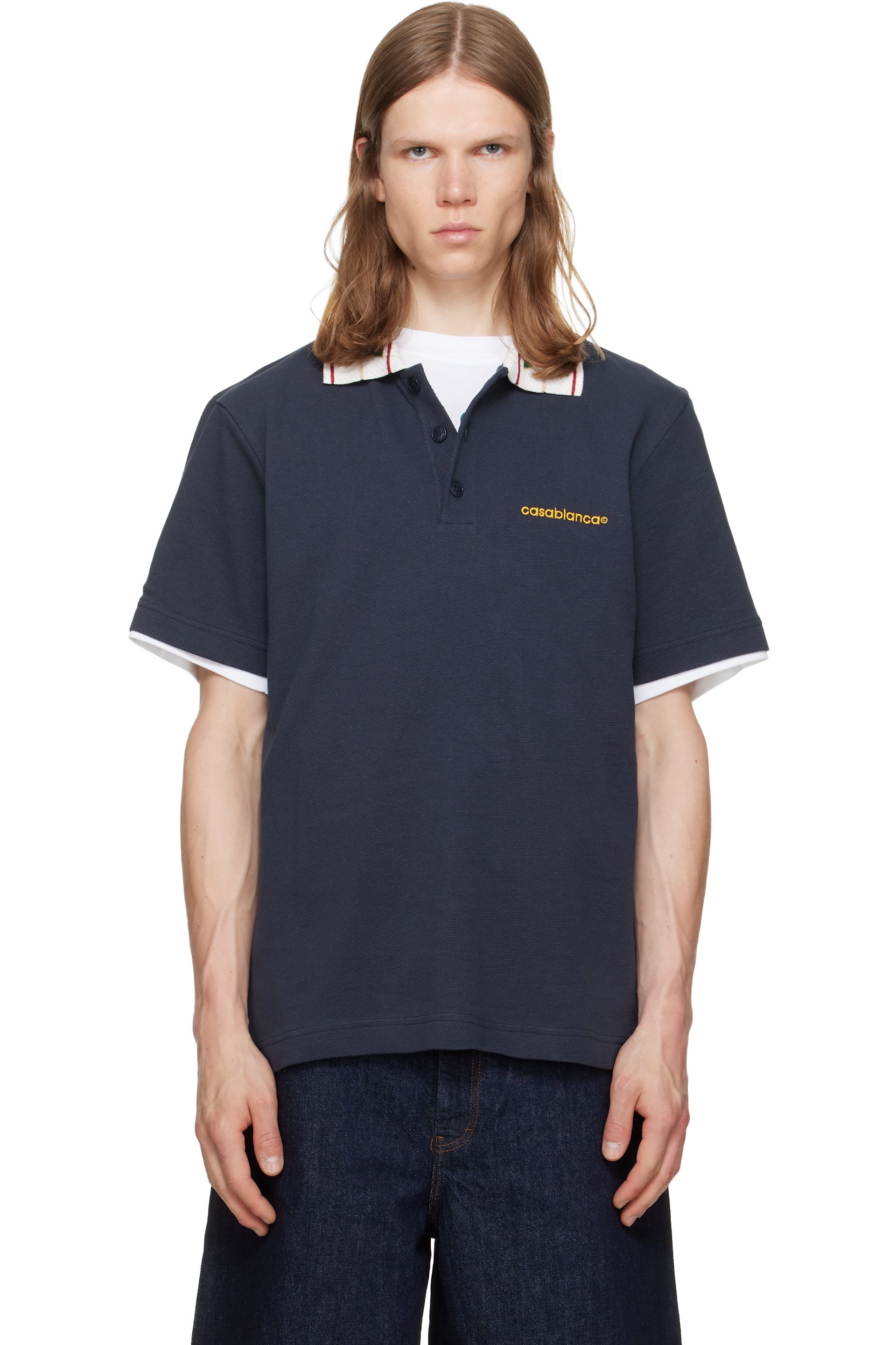 Casablanca - Navy Laurel Pique Short Sleeve Polo