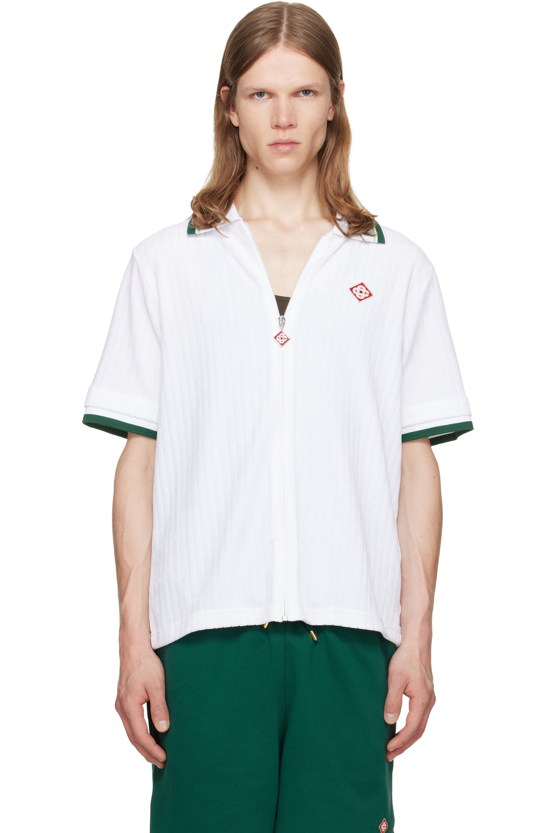 Casablanca - White Striped Velour Zip‑Up Short Sleeve Shirt