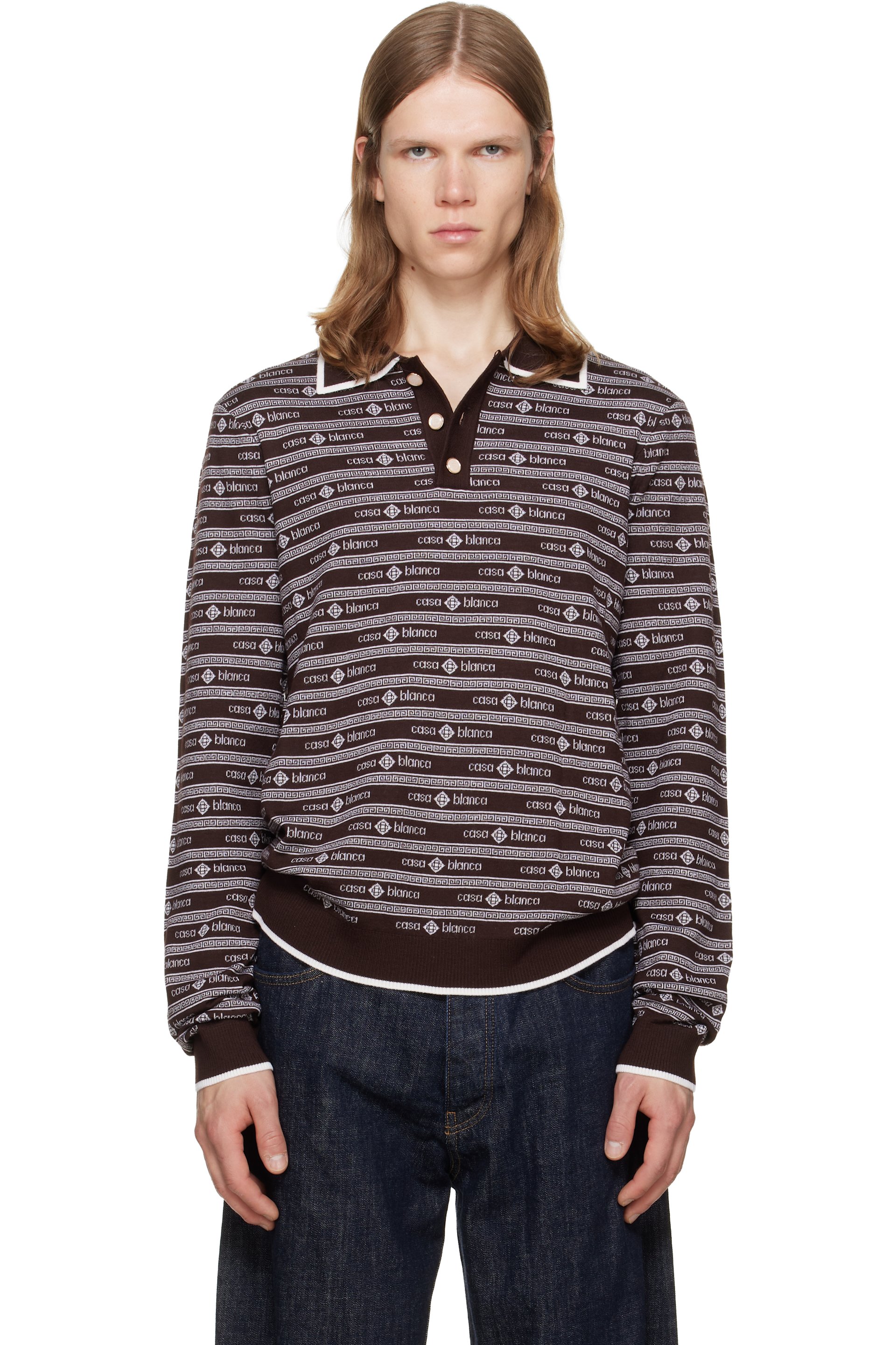 Casablanca - Brown Knit Logo Long Sleeve Polo