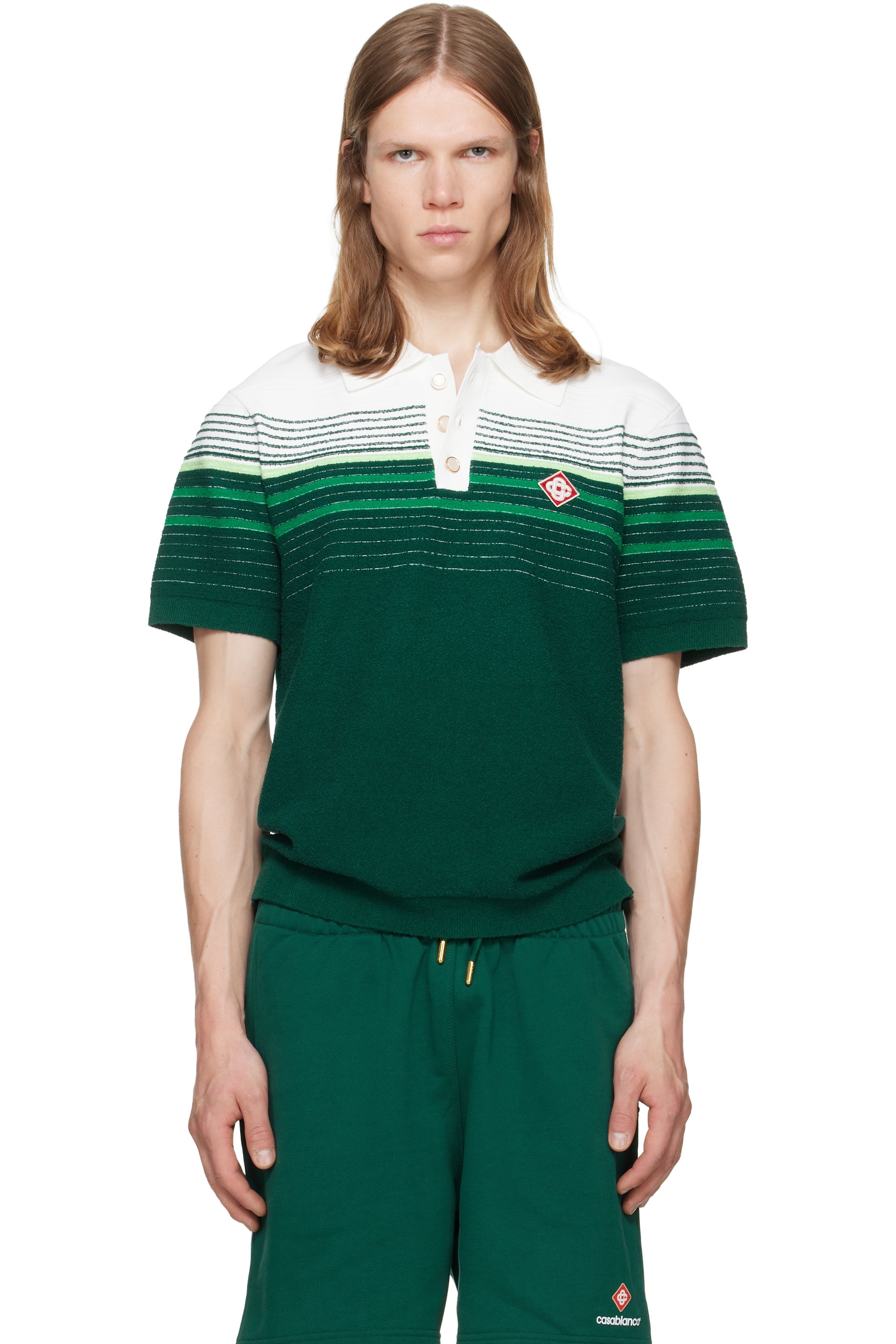 Casablanca - Green Boucle Stripe Short Sleeve Polo
