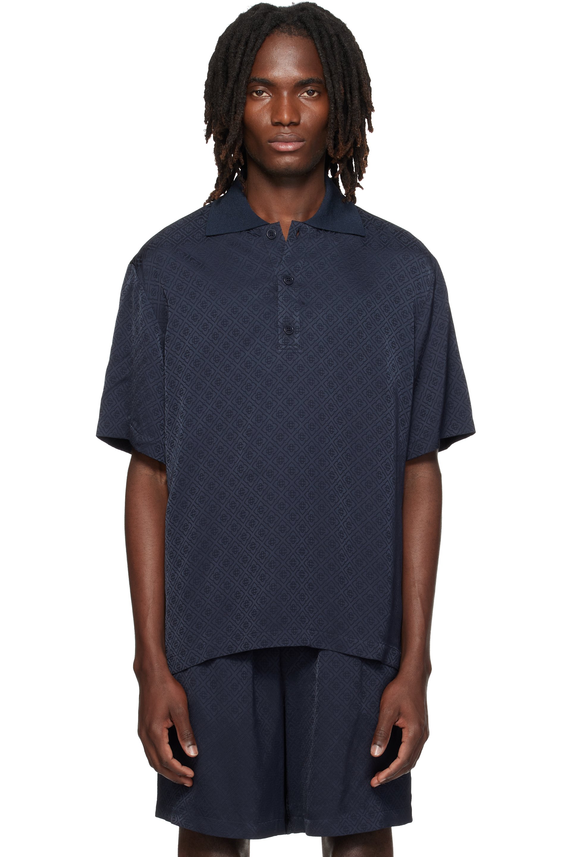 Casablanca - Navy Knit Collar Short Sleeve Polo