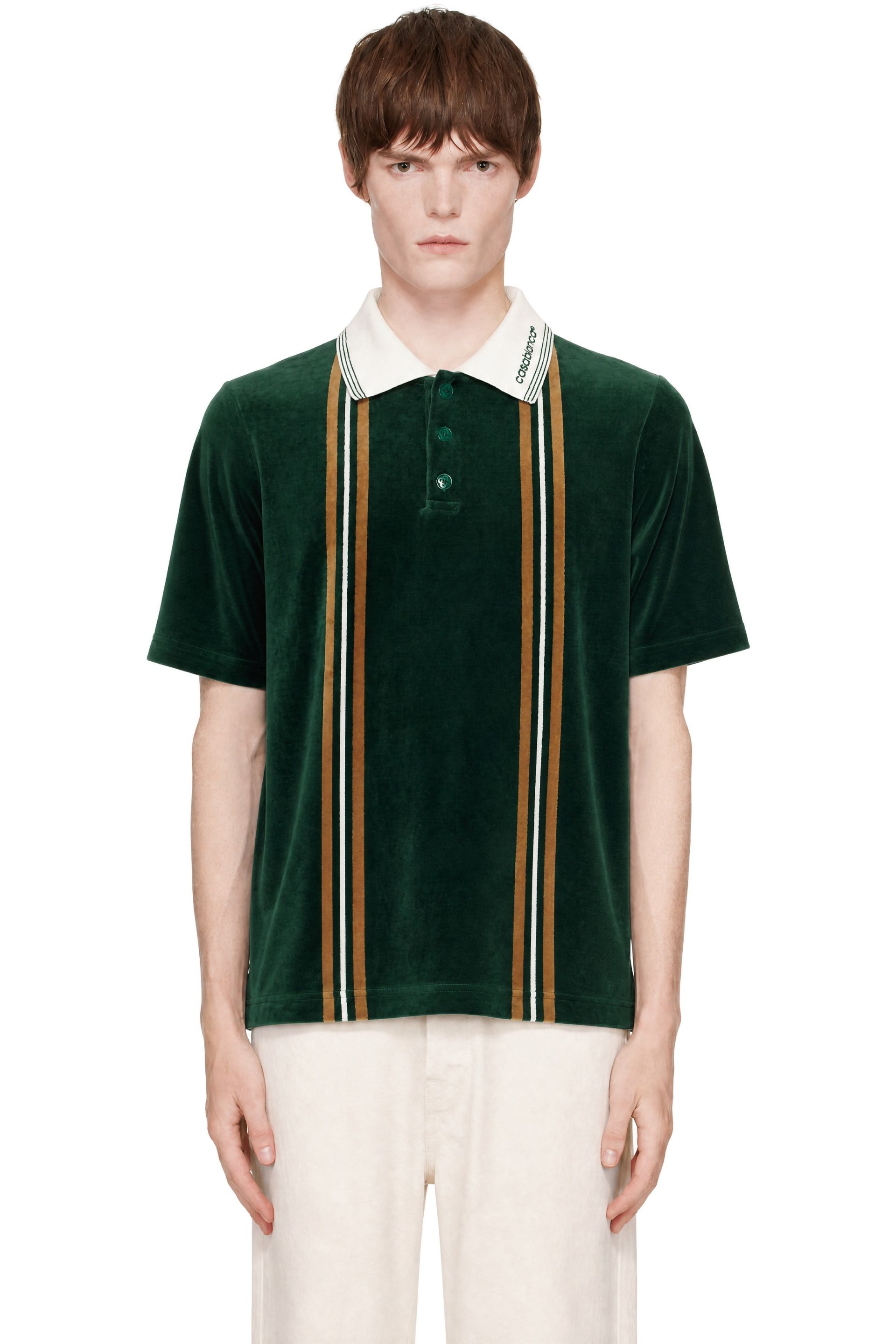Casablanca - Green Stripe Velour Short Sleeve Polo