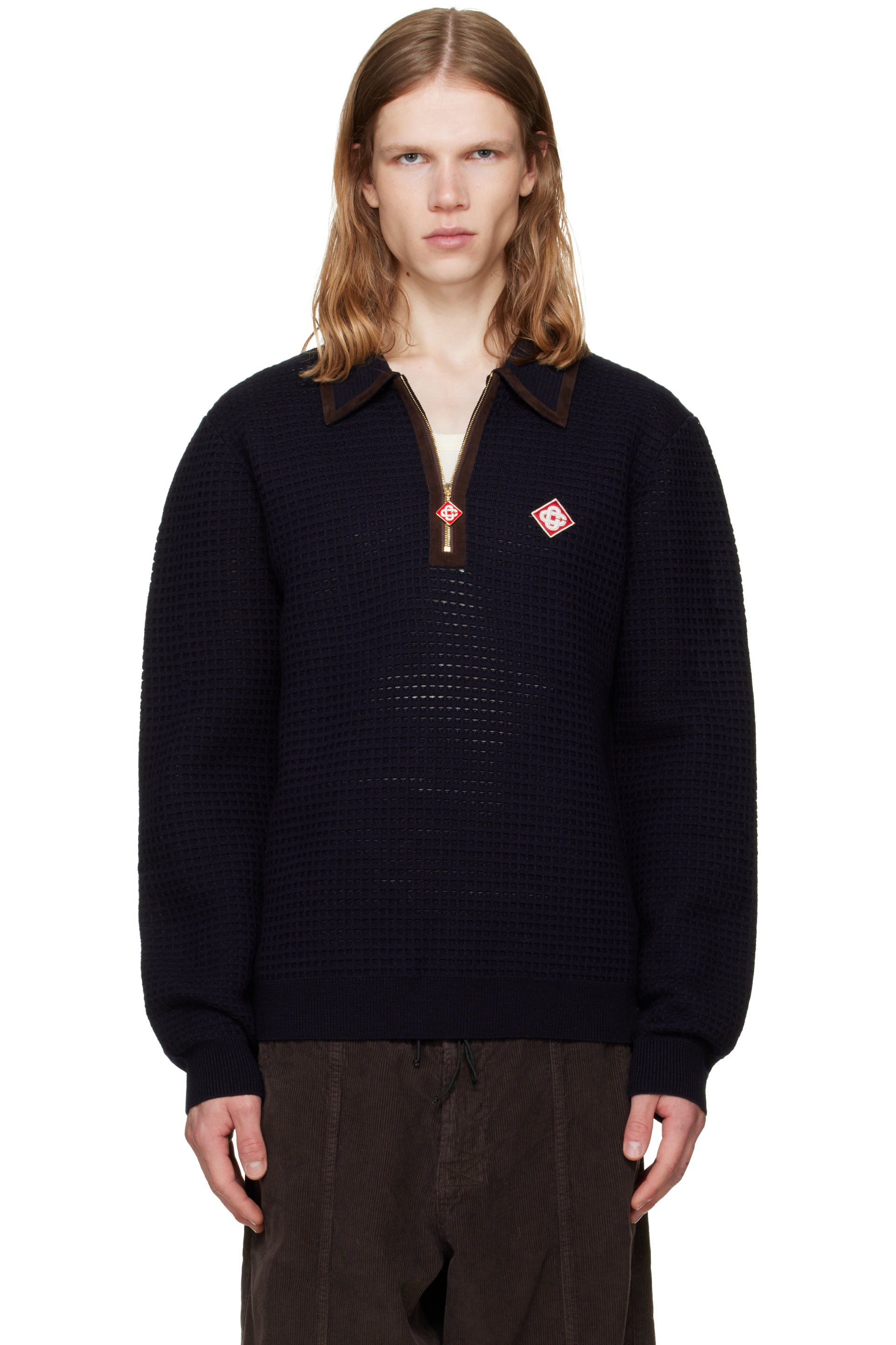 Casablanca - Navy Wool Waffle Stitch Long Sleeve Polo