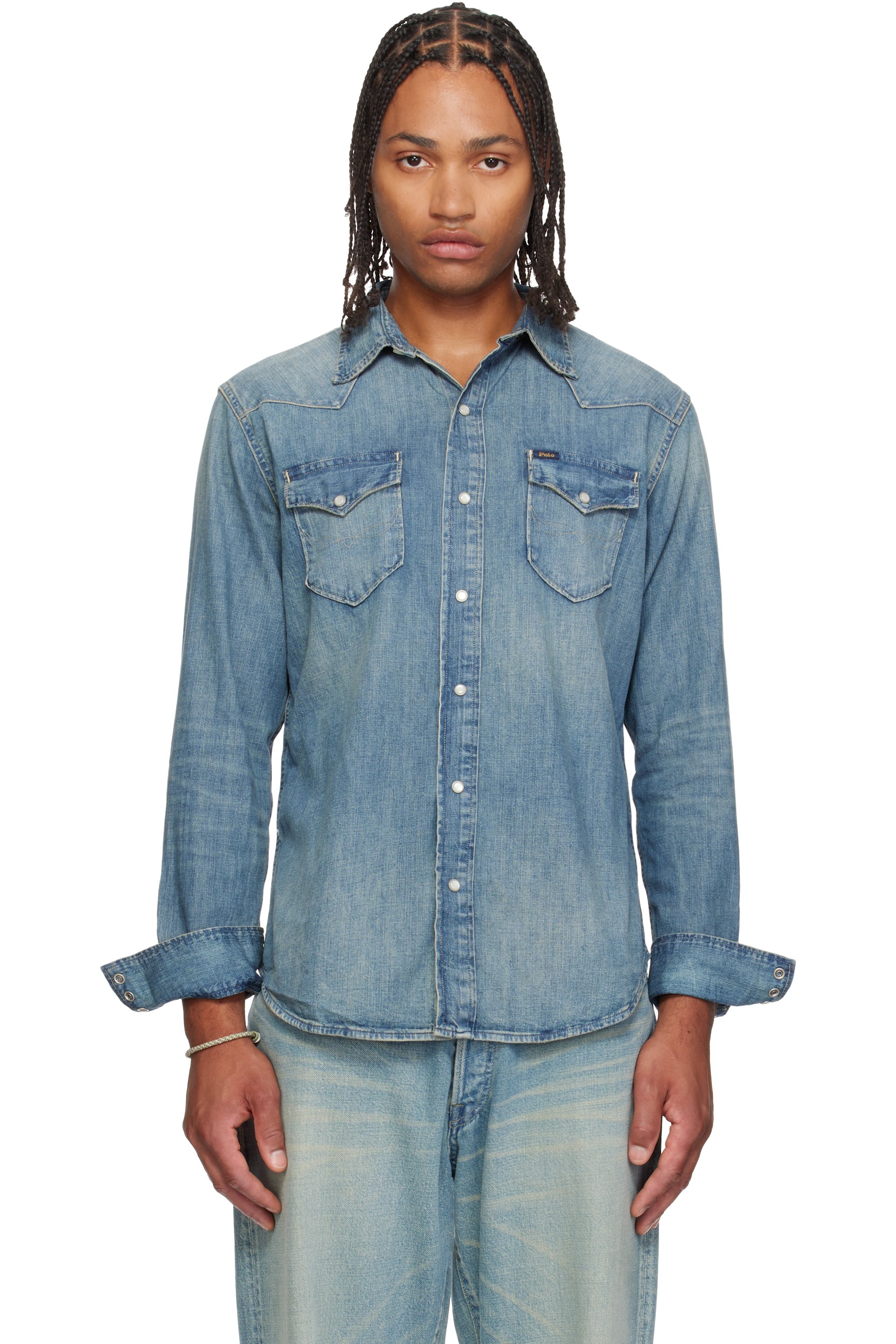 Polo Ralph Lauren - Chemise western bleue en denim de coton flammé