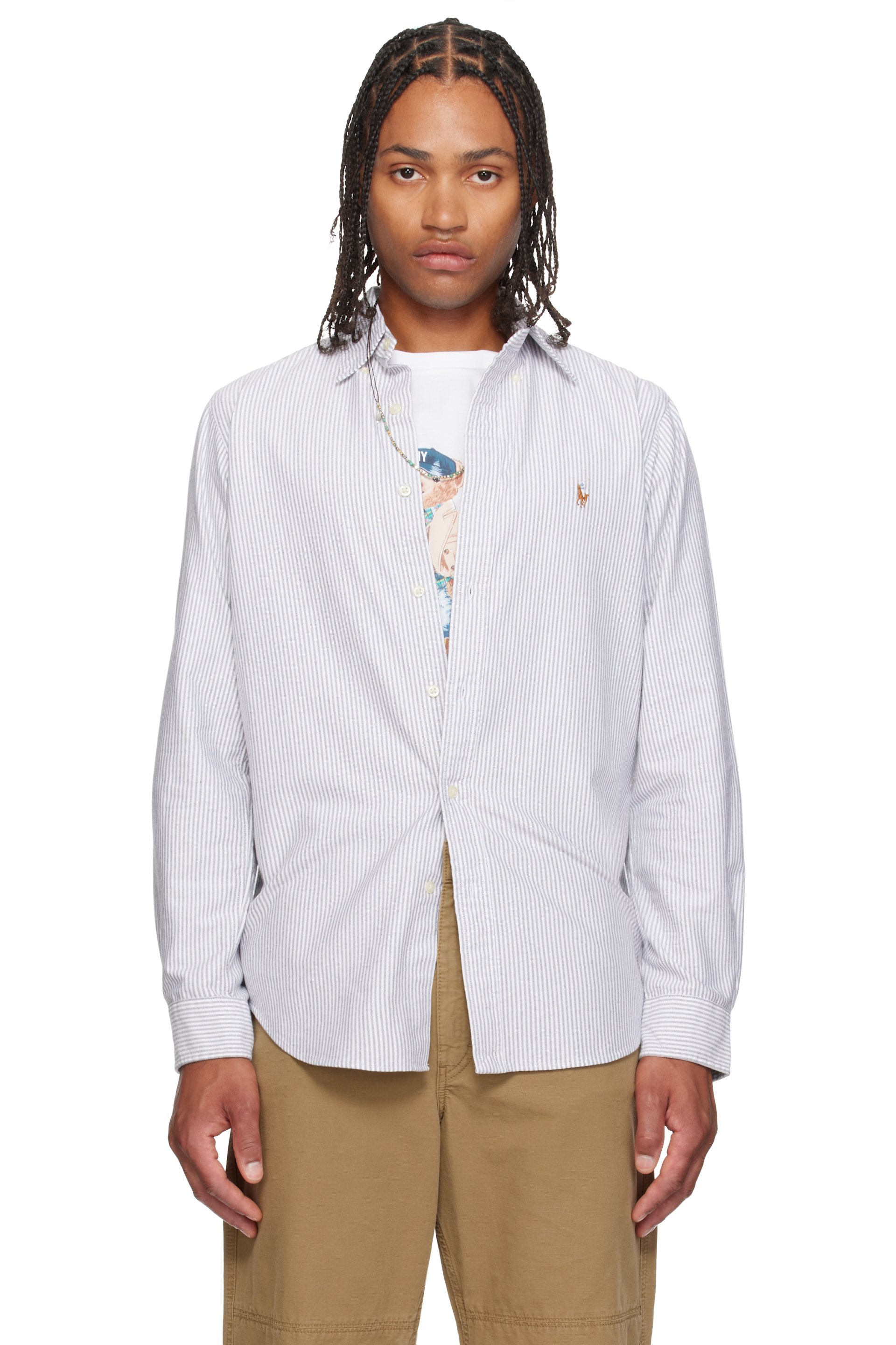 Polo Ralph Lauren - Chemise oxford gris et blanc à rayures