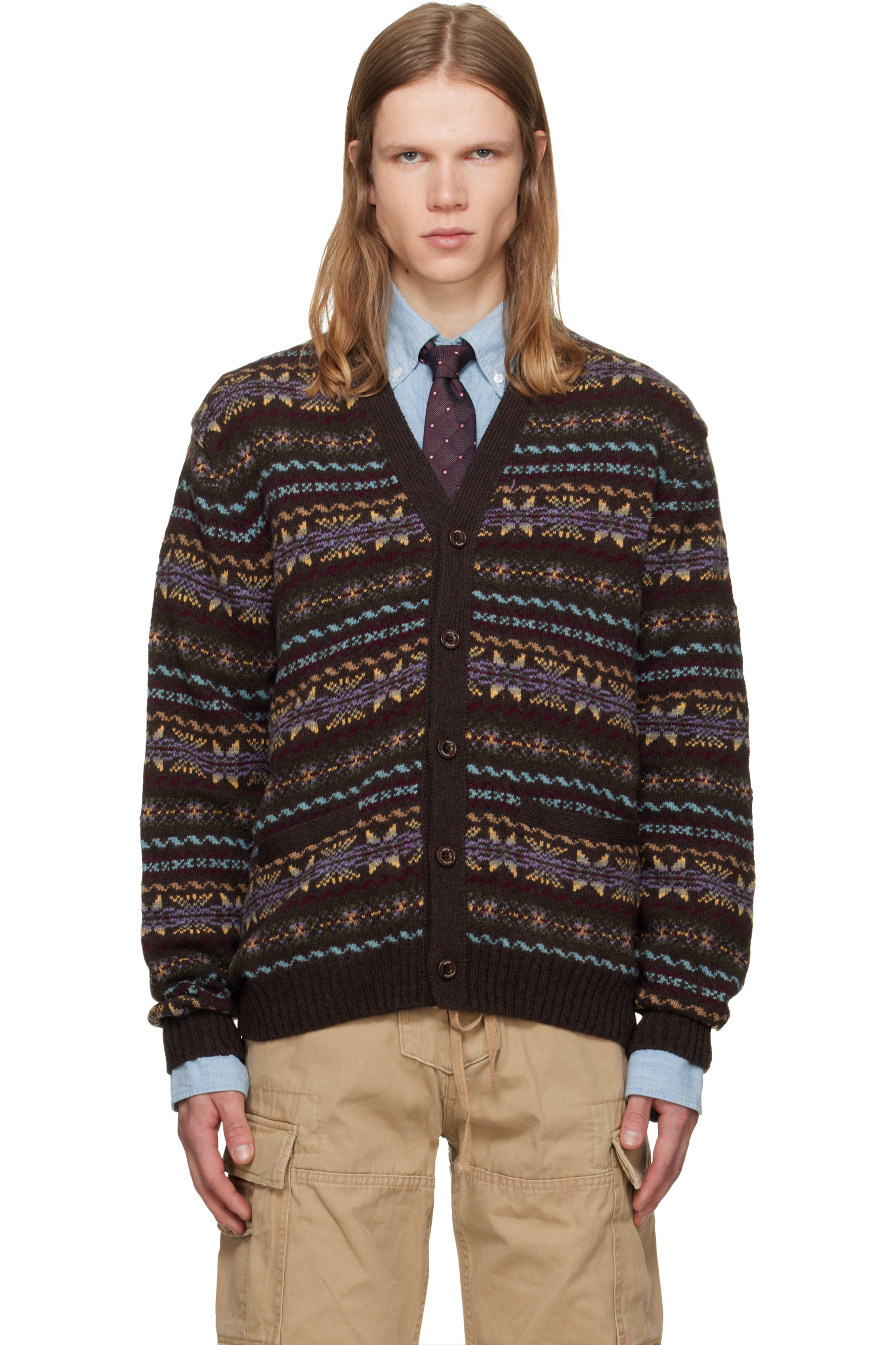 Polo Ralph Lauren - Cardigan brun en laine à motif en Fair Isle
